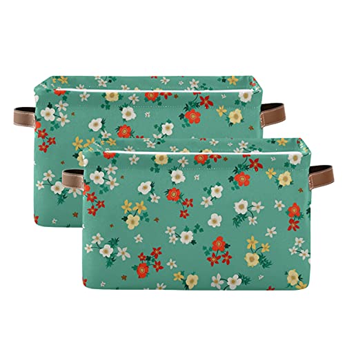 Teal Floral Decorative Storage Baskets - Collapsible Canvas Box Organizer for Kids Room Toys, Home & Baby Clothes - 2-Piece Set | Perfect for Nursery, Playroom & Closet Organization
