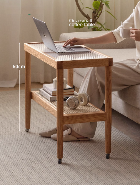 Solid Oak Wood Japanese Style Glass Rattan Rocking Side Table - Portable End Table for Living Room, Bedroom, or Outdoor Patio Decor