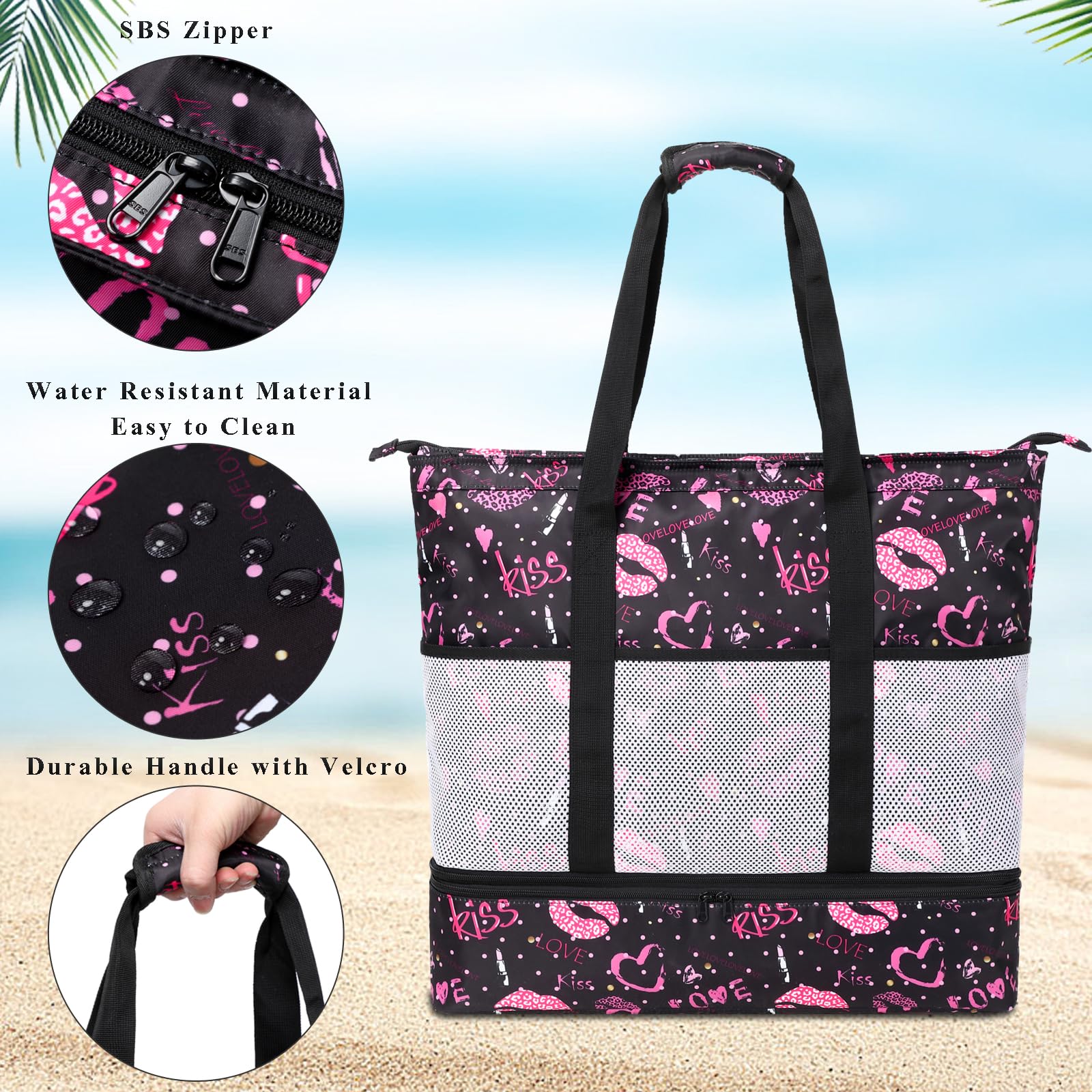 DSIUE Waterproof & Sandproof Beach Tote Bag with Built-in Cooler - Large Capacity Women's Pool, Gym & Travel Bag - Perfect for Beach Trips, Swimming & Outdoor Activities