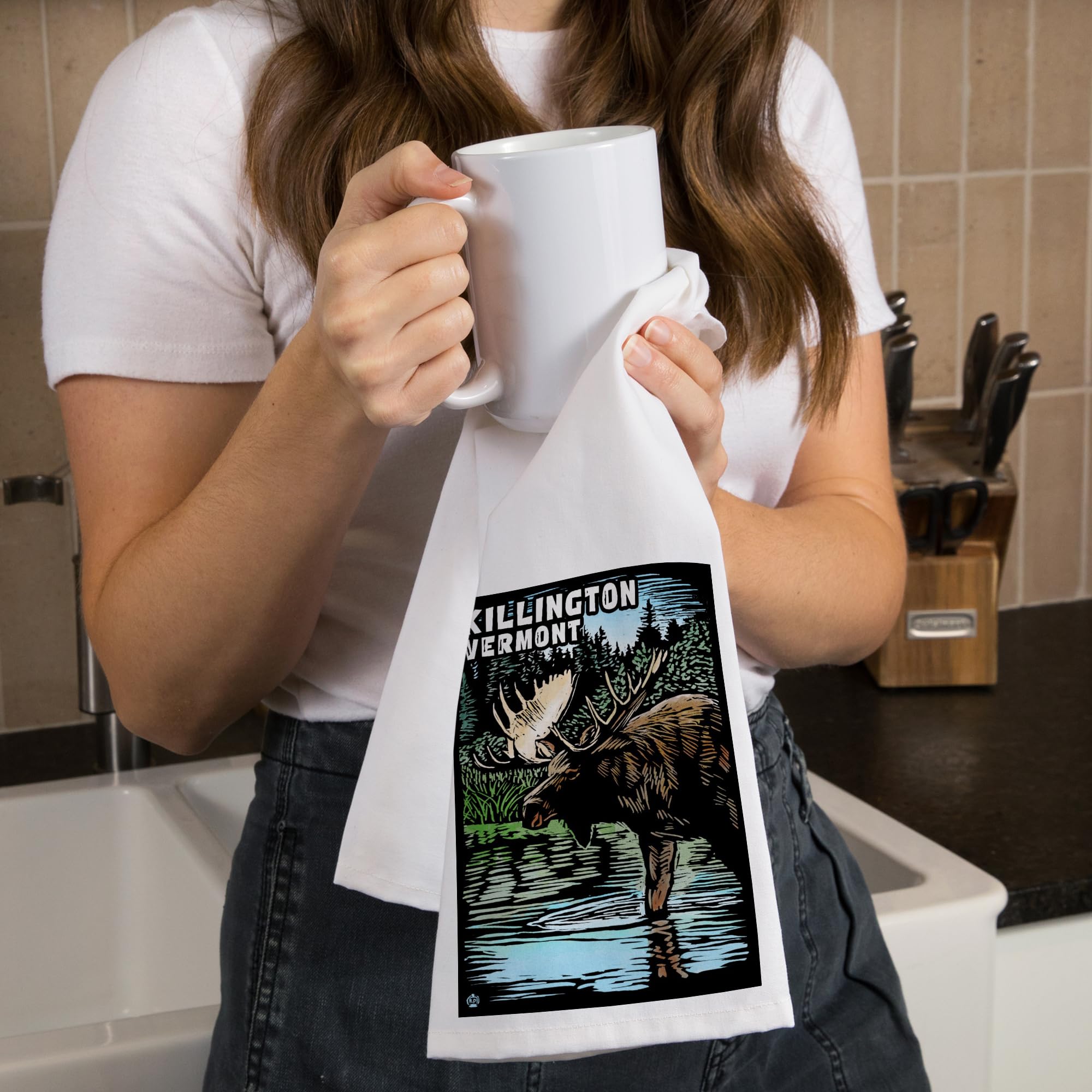 Lantern Press Killington Vermont Moose Scratchboard Tea Towel - 100% Cotton Decorative Hand Towel for Kitchen & Home - Perfect for Dish Drying, Gift Giving & Farmhouse Decor