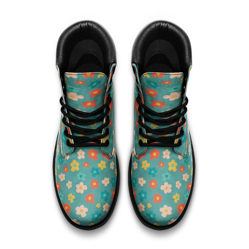 Stylish Unisex Faux Leather Combat Boots with Floral Blue Print - Perfect for Punk Fashion, Cosplay & Everyday Streetwear