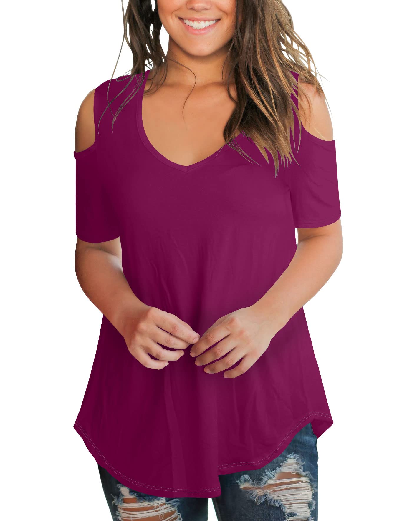 Slimming Fit Women's Casual V-Neck Cold Shoulder T-Shirt | Summer Short Sleeve Blouse | Perfect for Beach Outfits, Date Nights & Summer Vacations