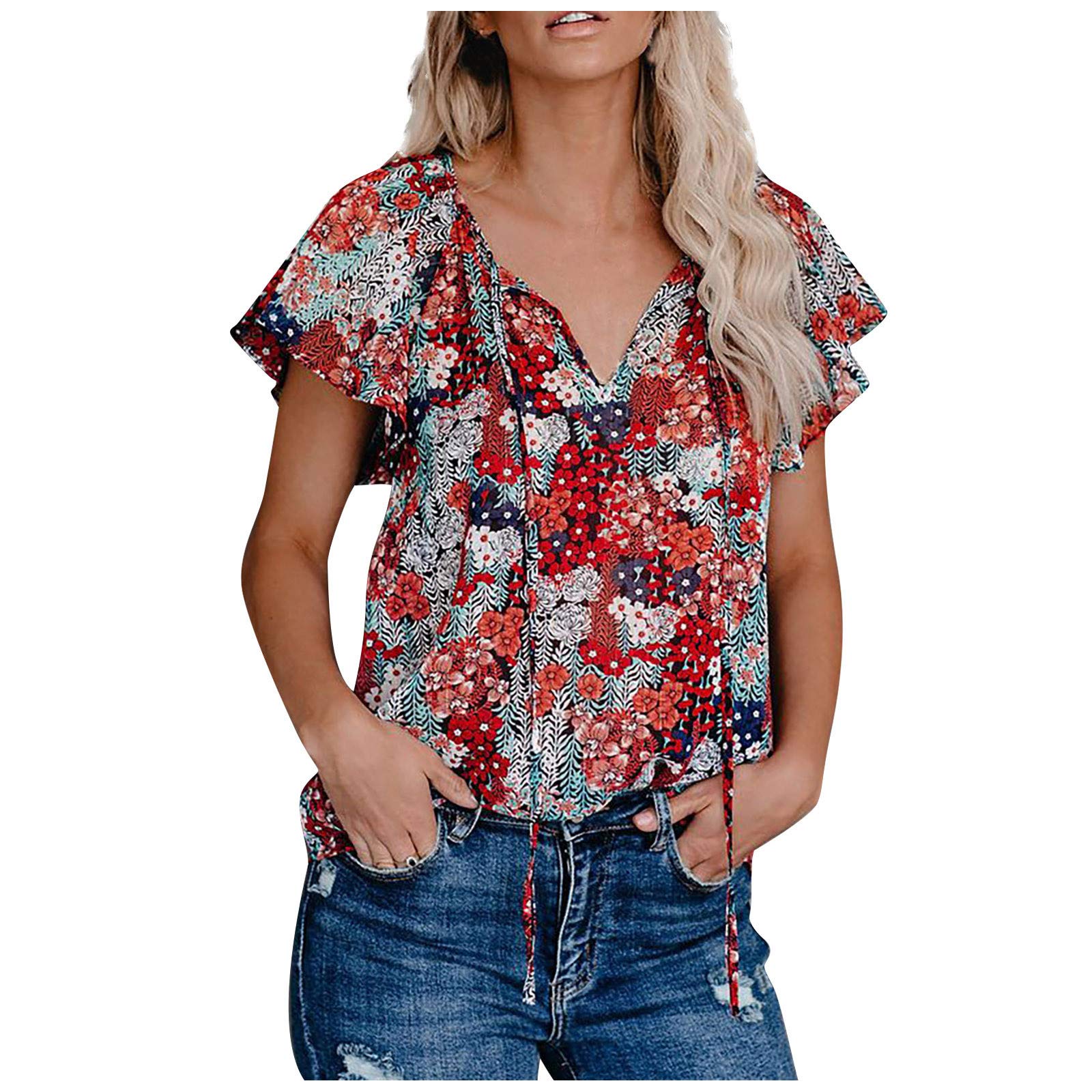 Boho Floral Print Short Sleeve V-Neck T-Shirt for Women - Casual Summer Blouse for Beach, Vacation & Everyday Wear