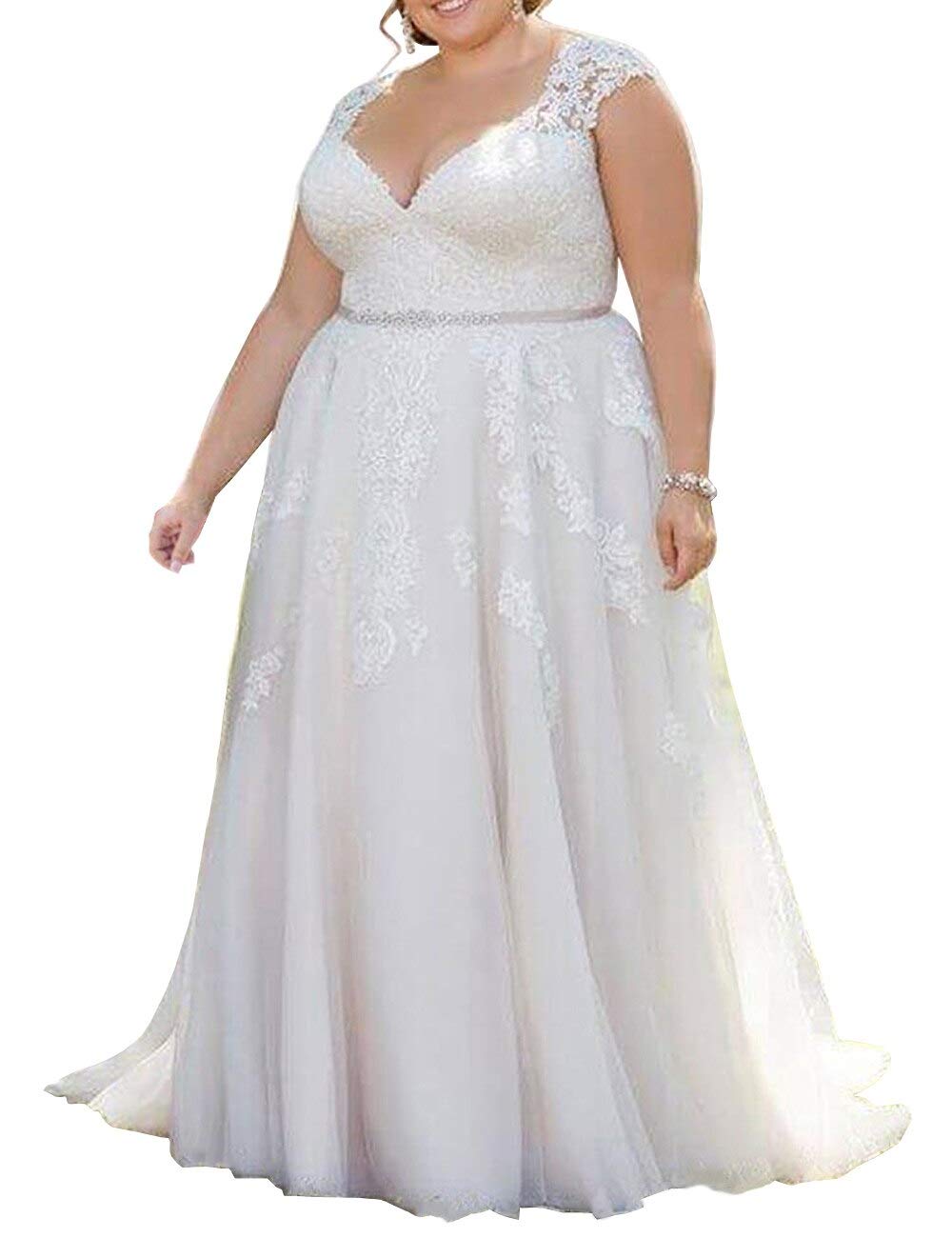Mulanbridal Women's Plus Size Vintage Wedding Dress V-Neck Beaded Bridal Gown Prom Dress for Brides, Evening Gowns & Special Occasions