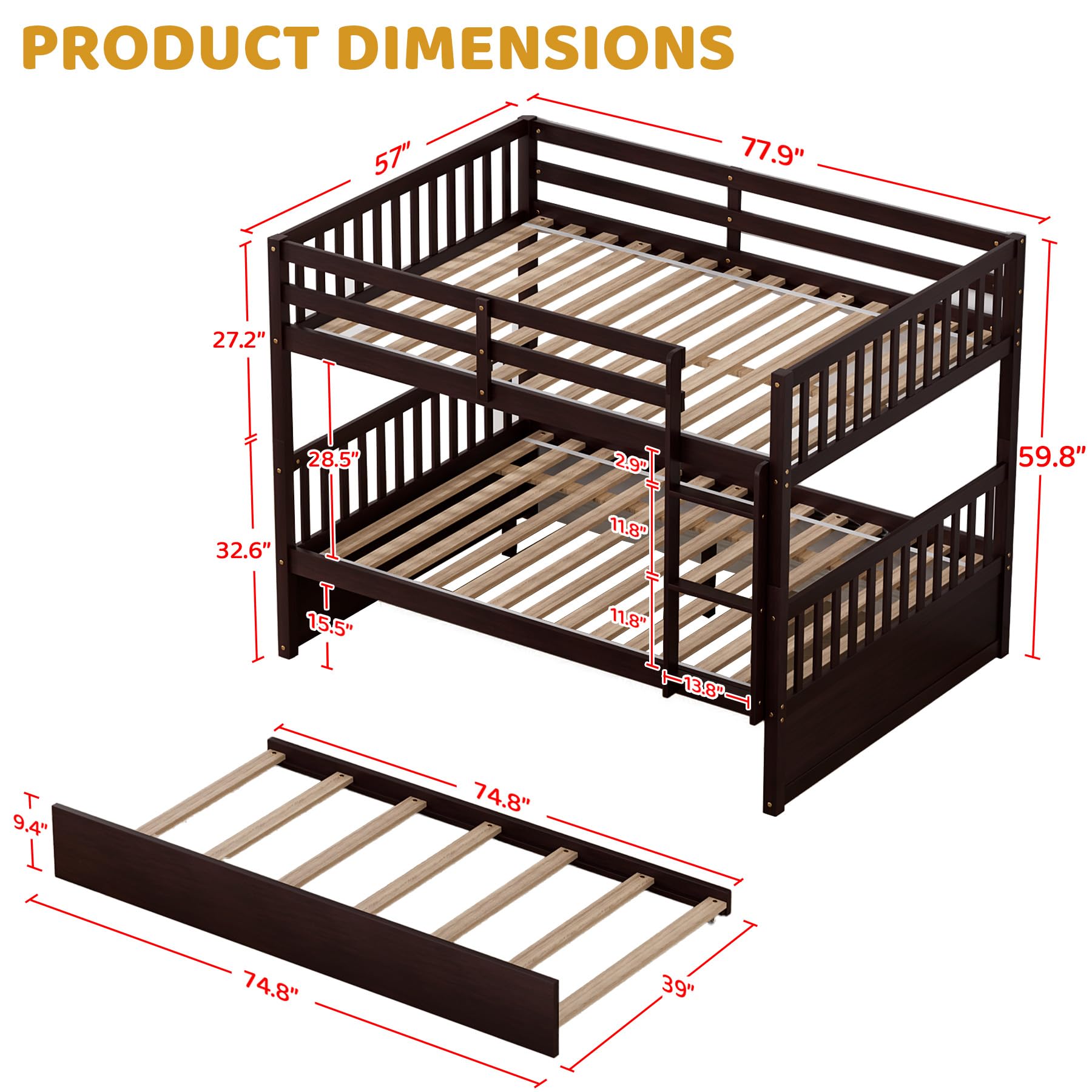 Rophefx Full Over Full Bunk Bed with Trundle - Convertible to 2 Full Size Bunk Beds, Solid Wood Construction with Safety Rails & Ladder - Space-Saving Bed for Adults, Teens & Kids - Perfect for Dorms, Guest Rooms & Small Apartments (Espresso Finish)