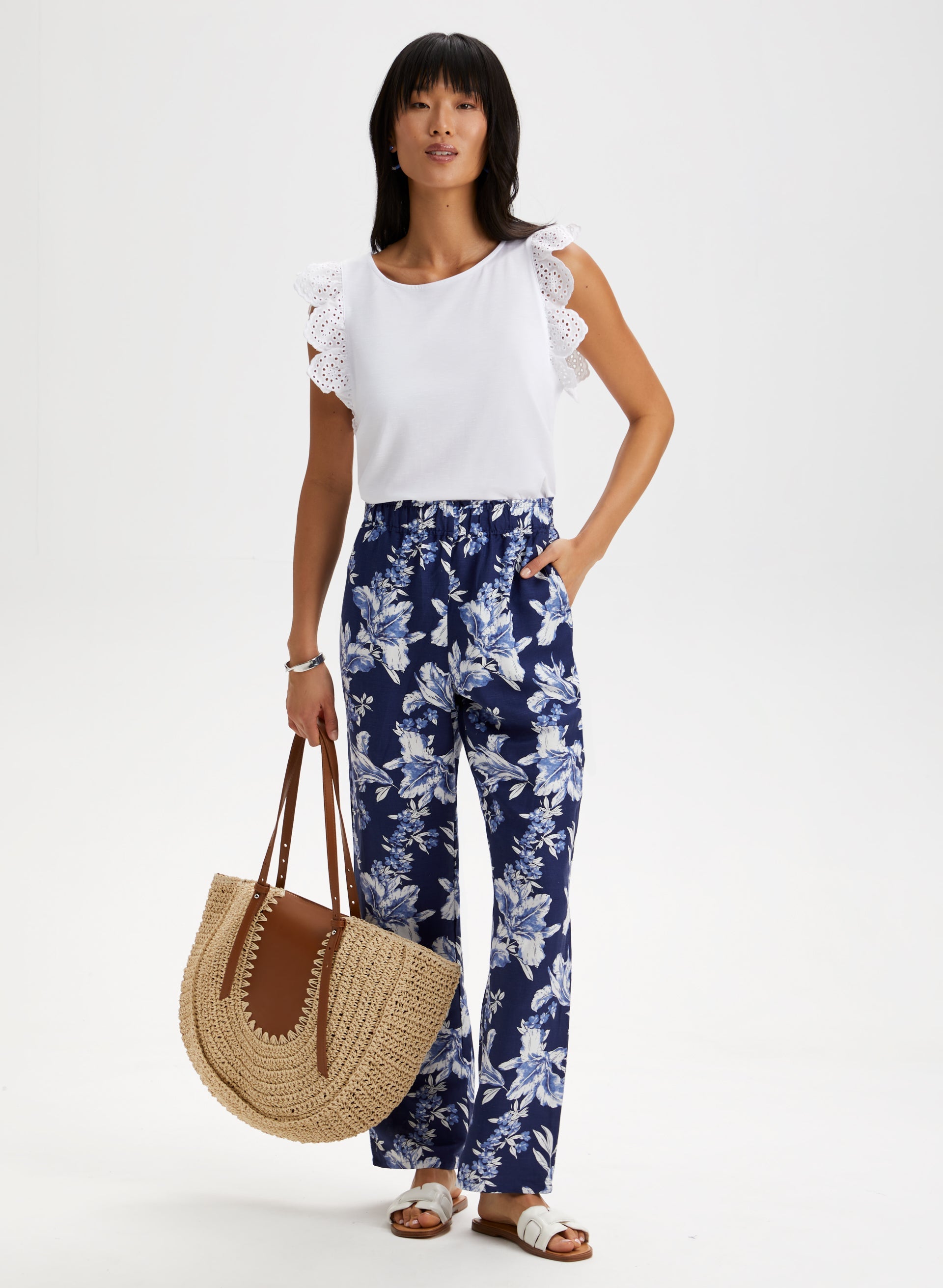 Eyelet Cap Sleeve Tee for Women - Breathable Summer Tops with Lace Detailing - Casual & Chic Shirt for Outings, Dates, and Beach Wear