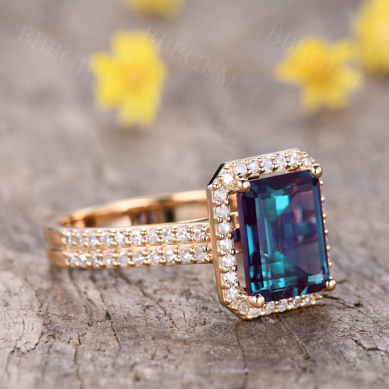 5 Carat Emerald Cut Alexandrite Engagement Ring - Cubic Zirconia Halo Ring in 14K White Gold - Perfect for Wedding, Proposal & Anniversary Gifts