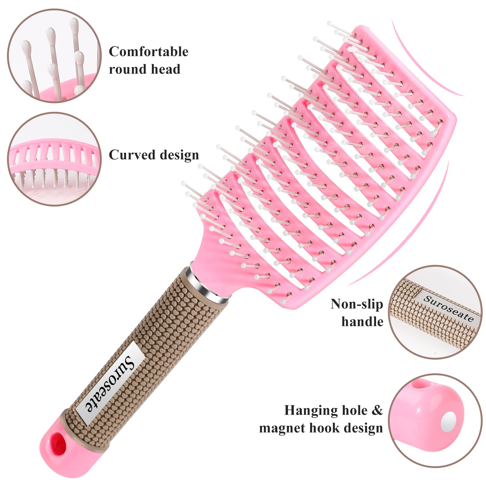 **Detangling Hair Brush for Women & Men - Curved Vent Brush for Wet & Dry Hair, Faster Blow Drying - Adds Shine & Smoothness for Curly, Straight, Thick or Thin Hair (Pink) - Perfect for Home, Travel & Salon Styling**