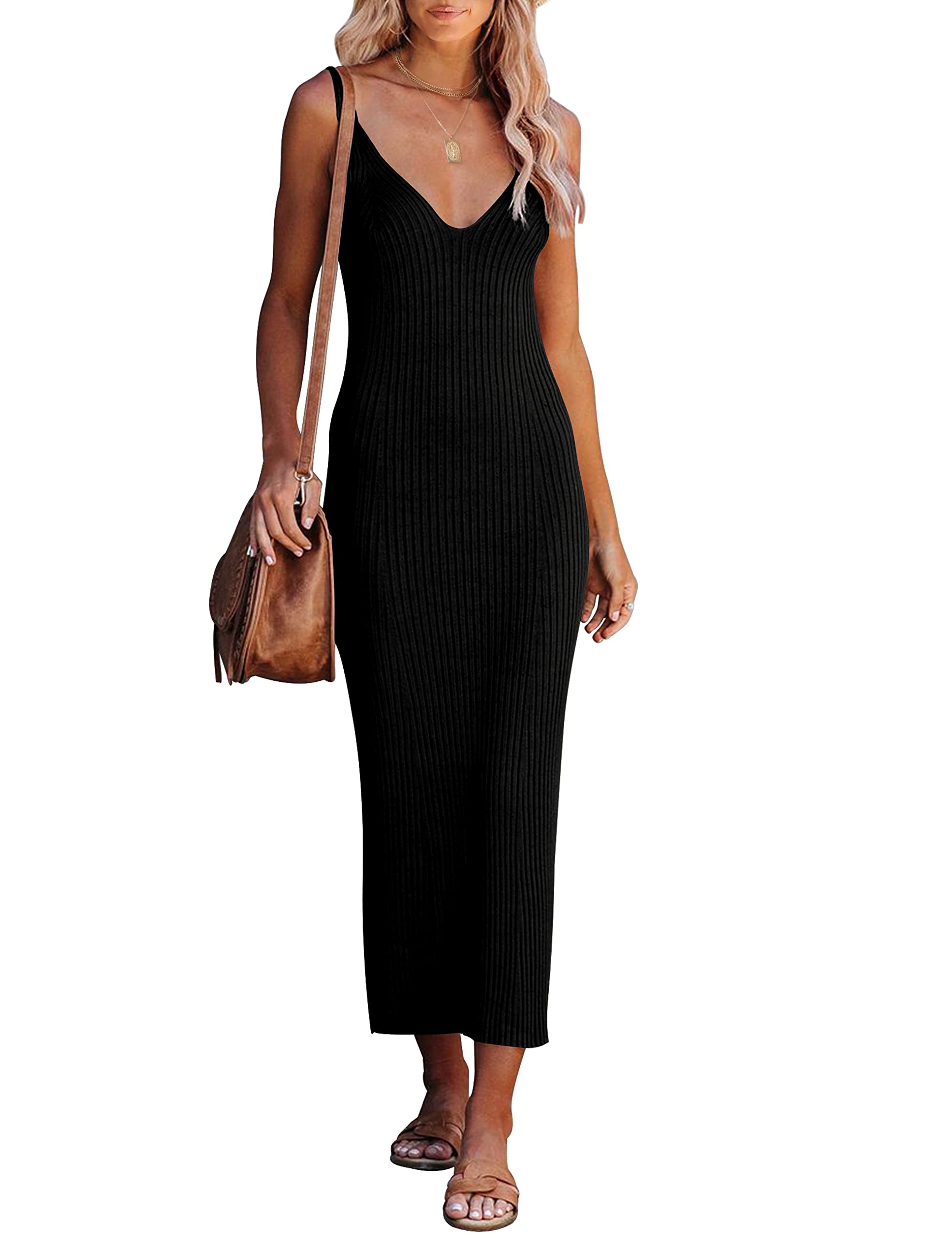 MEROKEETY Women's 2025 Summer Spring V-Neck Knit Midi Dress - Bodycon Casual Sleeveless Ribbed Sweater Dress for Office, Date Night & Vacation