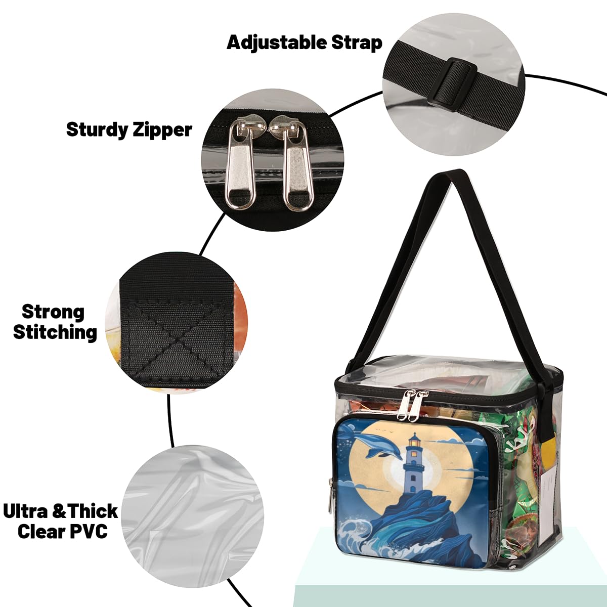 GzLeyigou Clear Tote Bag with Handles - Transparent Shoulder Bag for Outdoor, Travel, Picnic, Concerts & Sports Events | Dolphin Print, Stadium Approved | Perfect for Beach, Shopping & Theme Parks