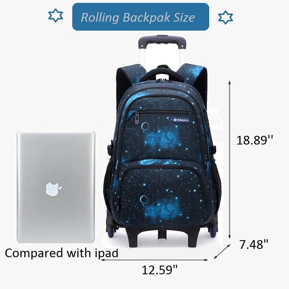 3Pcs Boys Galaxy Rolling Backpack with Wheels - Trolley Bookbag Wheeled School Backpack for Kids with Lunch Bag - Perfect for School, Travel, and Daily Commute
