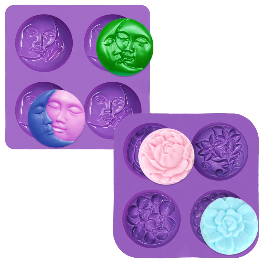 2 PCS SENHAI Silicone Soap Molds Set - 4 Cavity Sun & Moon Face Molds & 4 Cavity Flower Shapes Molds for DIY Soap Making, Homemade Lotion Bars, Cake Decorating, Chocolate & Pudding - Perfect for Crafting, Gifts & Home Baking