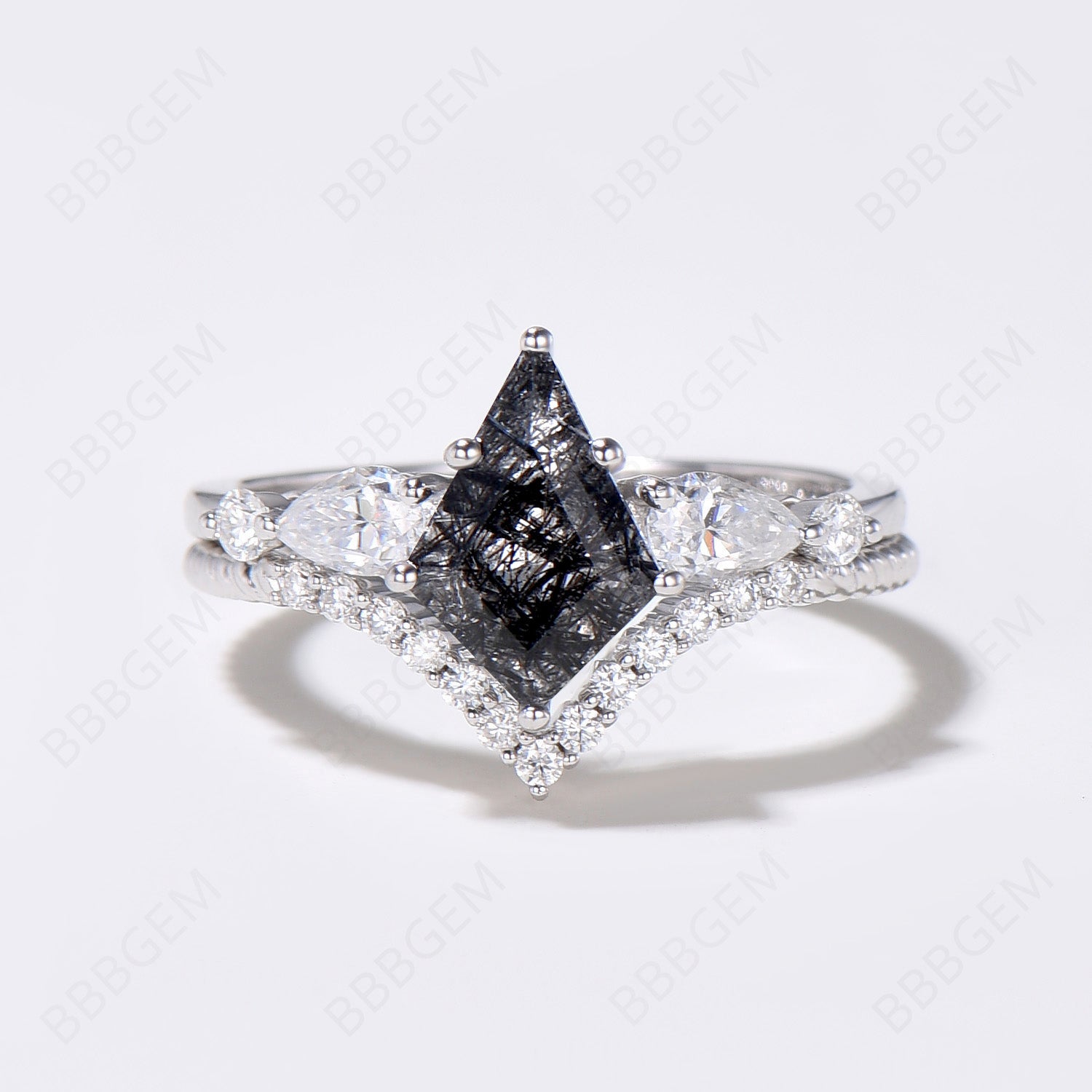 7x10mm Silver Kite Black Rutilated Quartz Moissanite Bridal Ring Set – Elegant Wedding Jewelry for Engagement & Anniversary Gifts