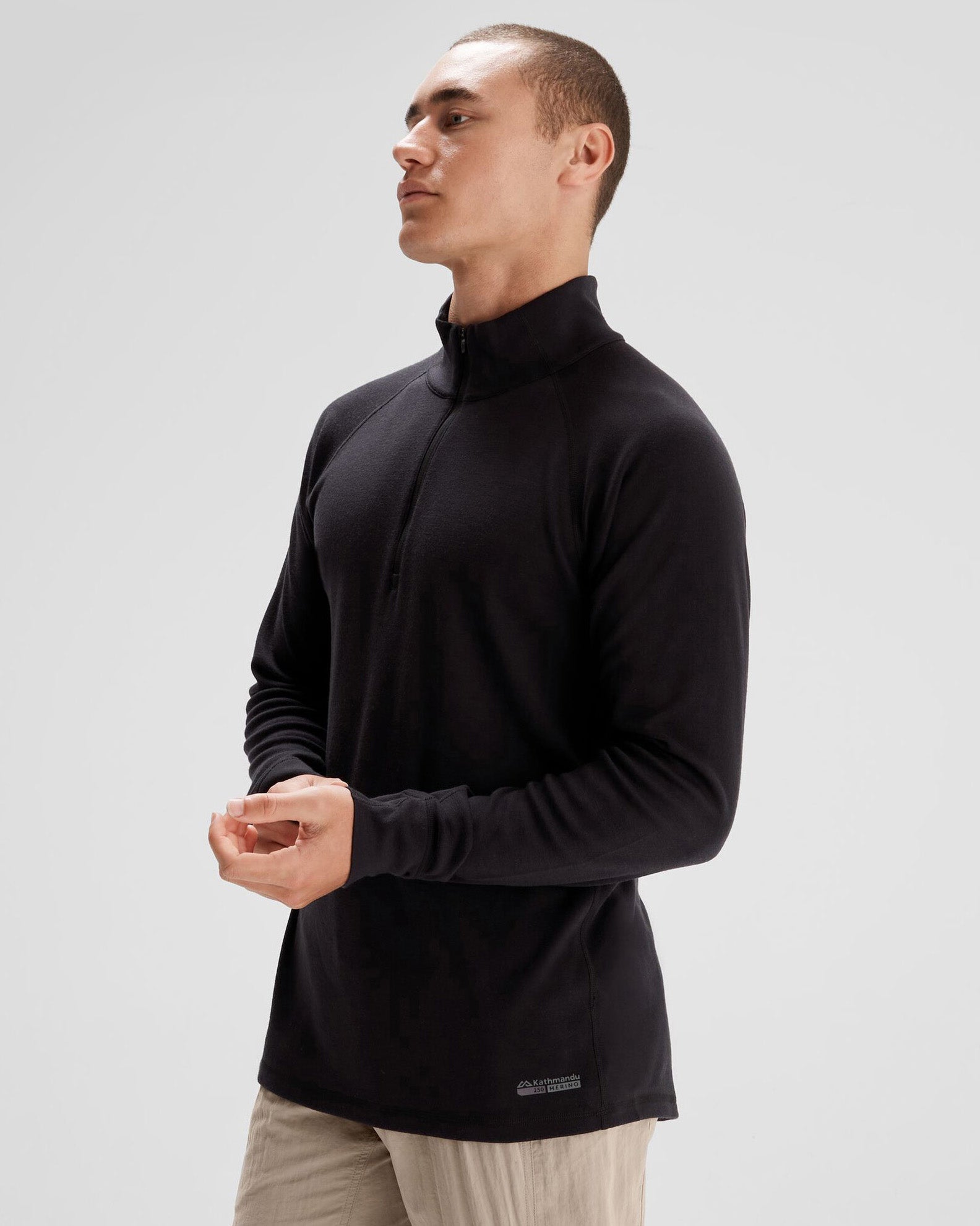 Men's K Merino 250 Quarter Zip Long Sleeve Base Layer - Black Stingray - Perfect for Hiking, Skiing & Winter Outdoor Activities