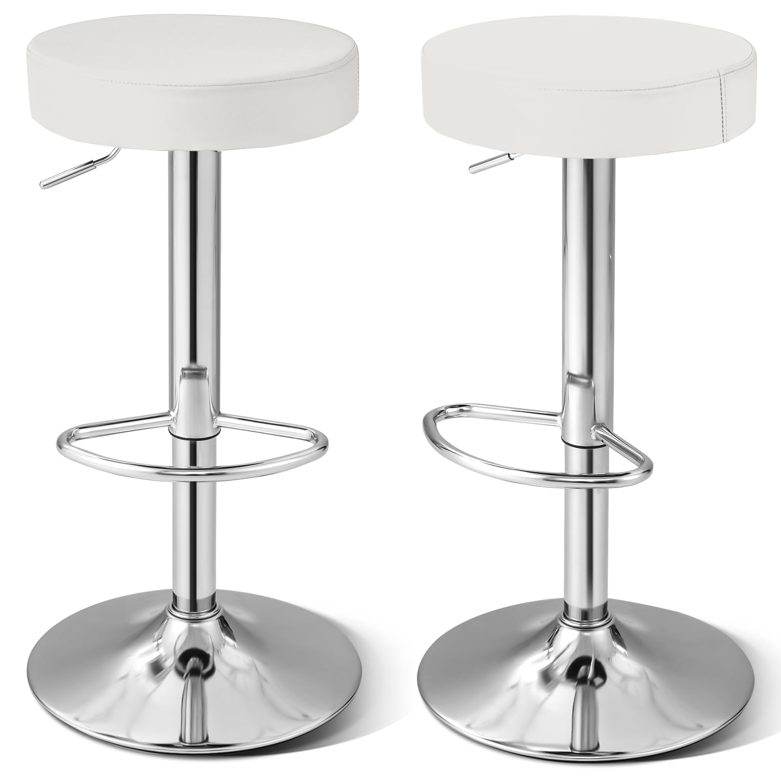 WATERJOY Adjustable Round Bar Stools Set of 2 - 360° Swivel PU Leather Bar Stools with Footrest for Kitchen Island, Breakfast Nook & Home Bar (Black)