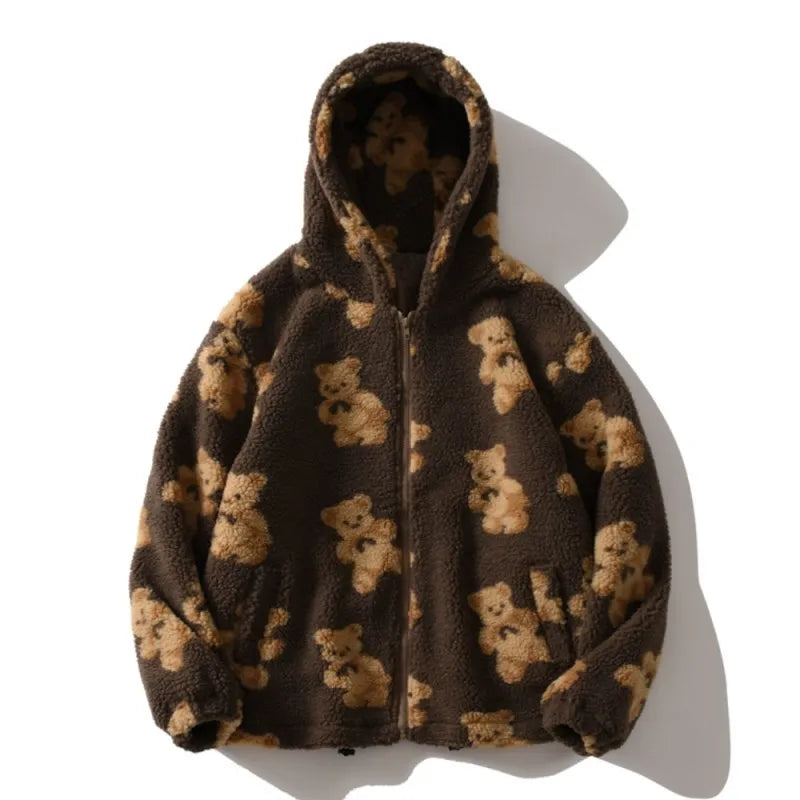Harajuku Heart Print Plush Jacket for Women - Winter 2022 Korean Style Long Sleeve Hooded Coat, Thick Warm Couple Streetwear Outerwear - Perfect for Dating, Street Fashion & Cold Weather Outfits