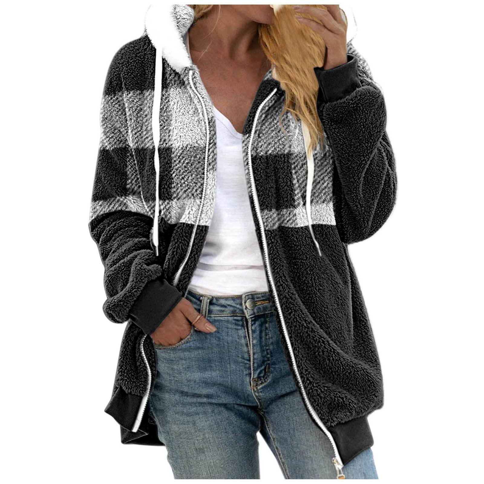 Women's Plaid Fleece Jacket - Winter Warm Fuzzy Sherpa Long Sleeve Zip Up Hooded Coat | Casual Outerwear for Cold Weather, Hiking & Outdoor Activities