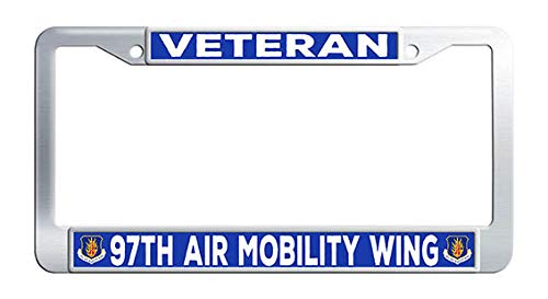 Stainless Steel Air Force Veteran 97th Air Mobility Wing License Plate Frame - Durable Auto Tag Holder for Cars, Trucks & SUVs - Perfect Military Gift for Veterans & Patriotic Drivers
