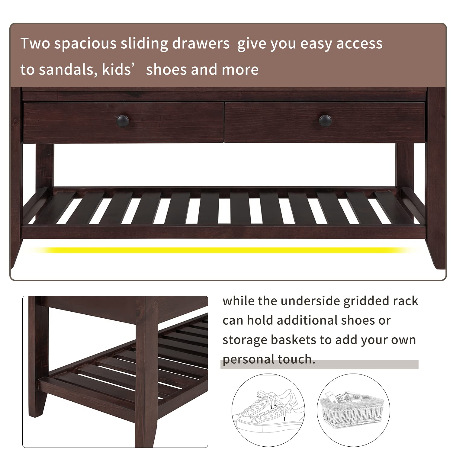 Multipurpose Storage Bench with Cushioned Seat & Drawers - Shoe Rack Organizer for Entryway, Hallway, or Bedroom - Espresso Wooden Bench for Home Decor & Storage Solutions
