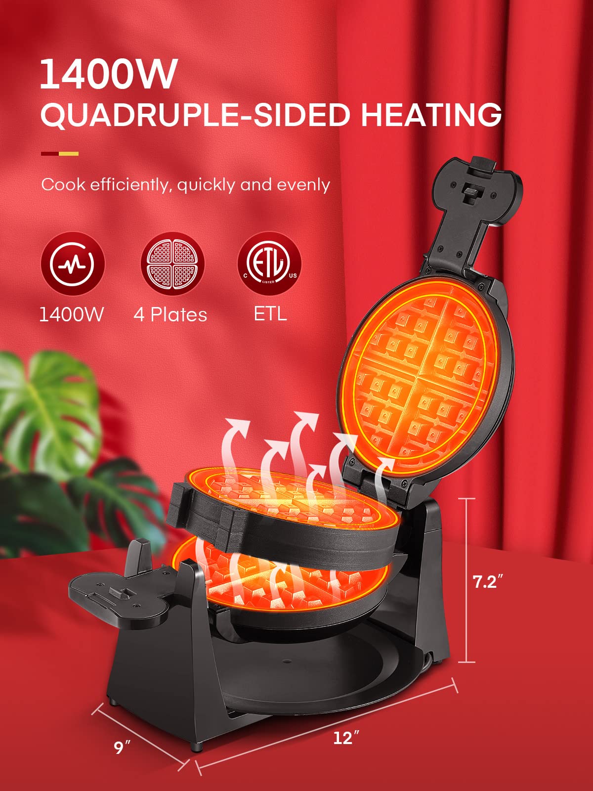 1400W Double Belgian Waffle Maker - 180° Flip Rotating Nonstick Plates, Makes 8 Slices in 3 Mins - Anti-Scald Design with Removable Drip Tray & Cool Touch Handle - Easy to Clean & Space-Saving Storage (Black) - Perfect for Breakfast, Brunch, Parties & Family Gatherings
