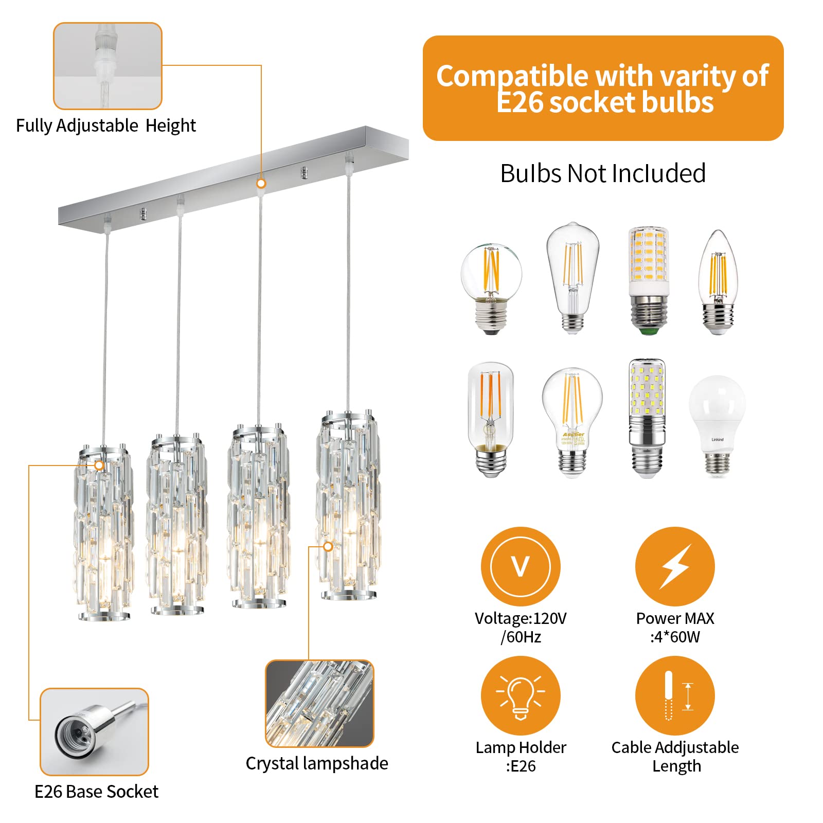 LMQNINE 4-Light Modern Chrome Pendant Lighting with Adjustable Mini Crystal Chandeliers - Elegant Hanging Light Fixture for Kitchen Island, Dining Room, Bedroom & Living Room Decor (Chrome Finish) - Perfect for Home, Restaurant and Office Lighting