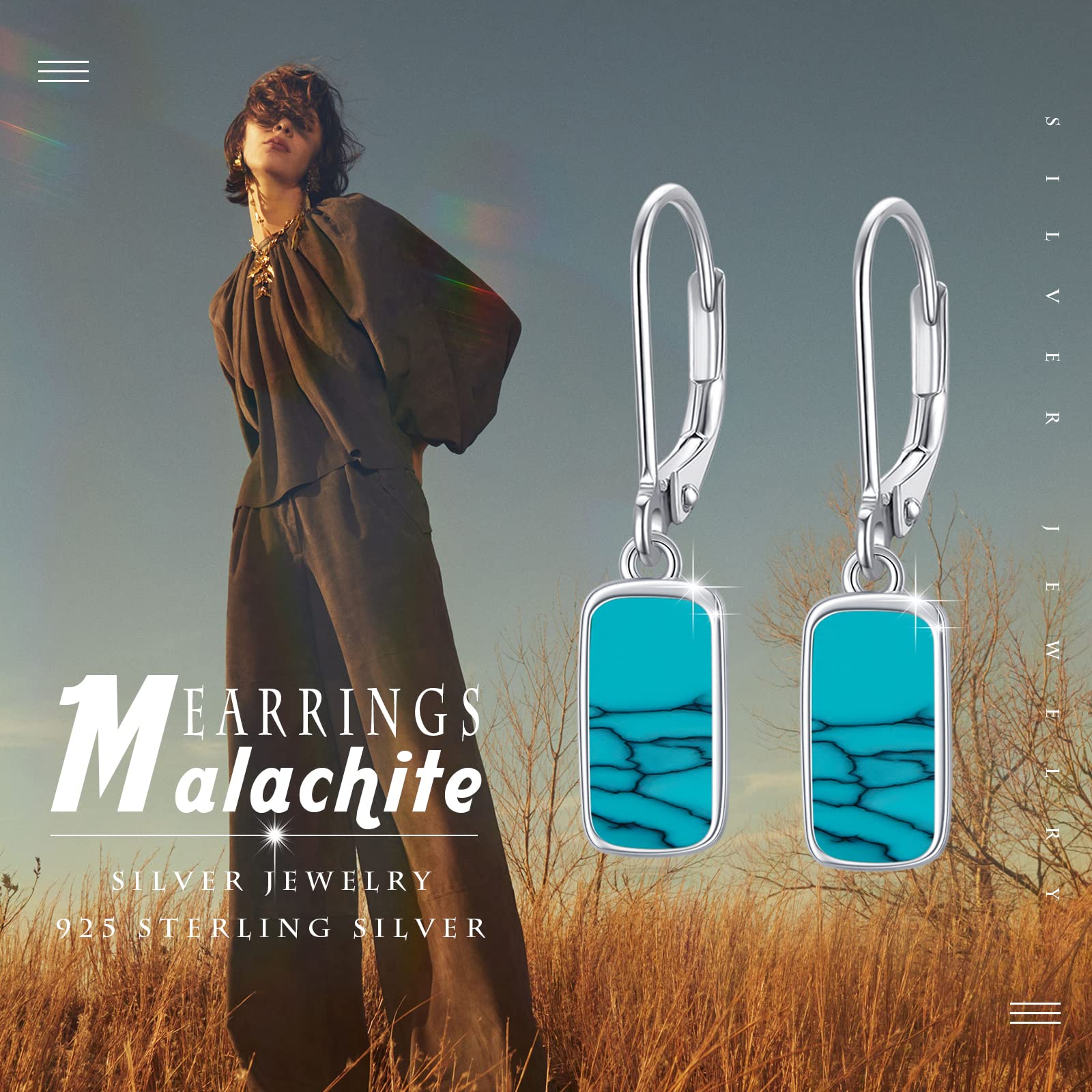 Turquoise Dangle Earrings for Women - S925 Sterling Silver Rectangle Leverback Earrings with Natural Gemstone | Boho Chic Jewelry for Party, Wedding & Everyday Wear