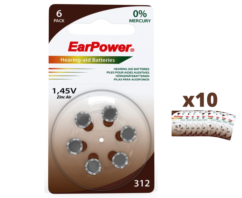 60 Pack of 312 Hearing Aid Batteries (10 Packs x 6) - Mercury-Free Zinc Air 1.45V PR41 Batteries for Hearing Devices - Compatible with Size 312/A312/P312 - Perfect for Travel, Daily Use & Emergency Backup