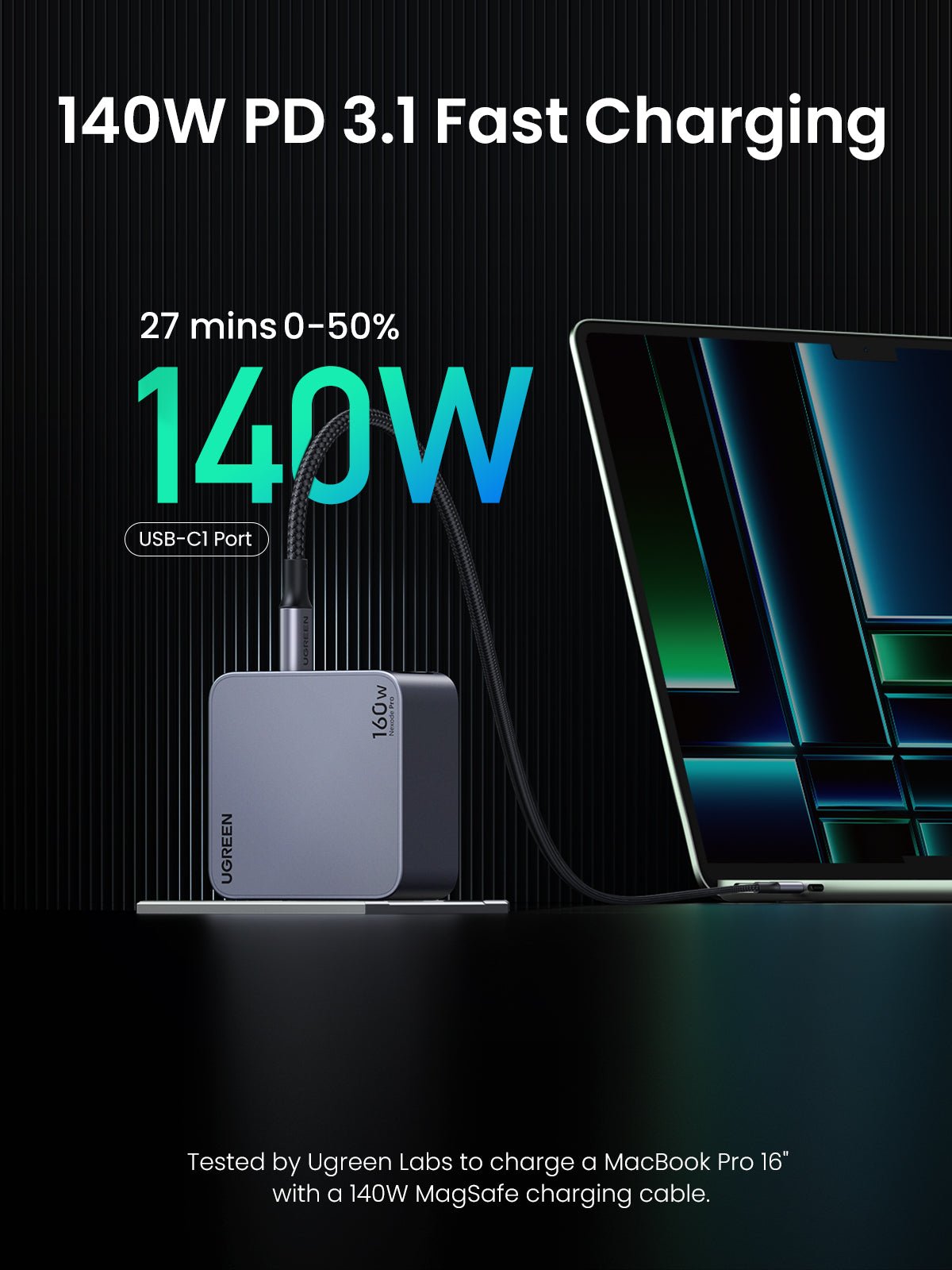 UGREEN Nexode Pro 160W 4-Port GaN Fast Charger for iPhone 15/14/13/12, MacBook, iPad - Compact USB-C Wall Charger with Power Delivery for Home, Office & Travel