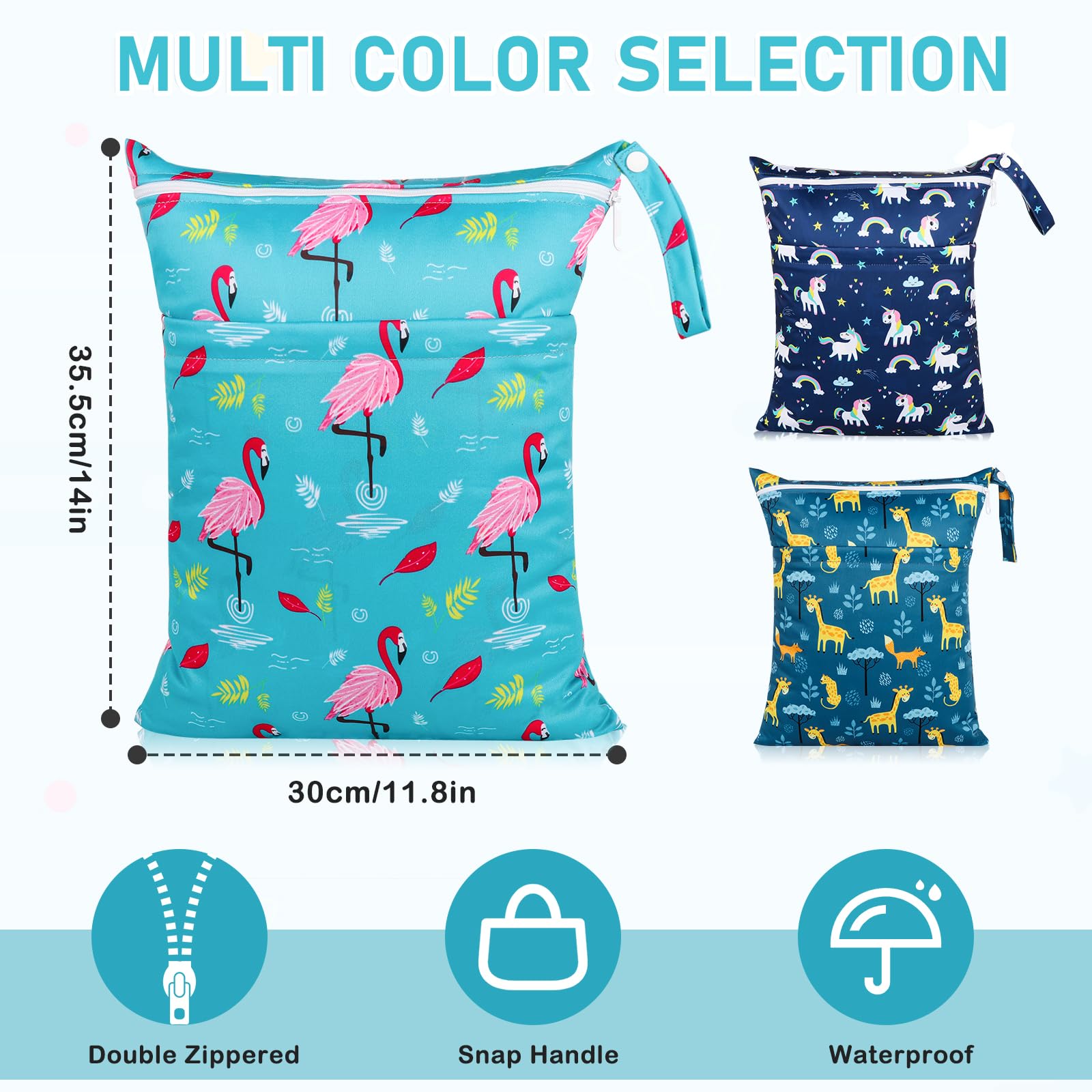 Angel Love Waterproof Wet Dry Bags 3 Pack - Reusable Baby Cloth Diaper Storage, Swimsuits & Wet Clothes Organizer with Dual Zippered Pockets - Perfect for Travel, Beach, Pool, Gym & Daycare Essentials