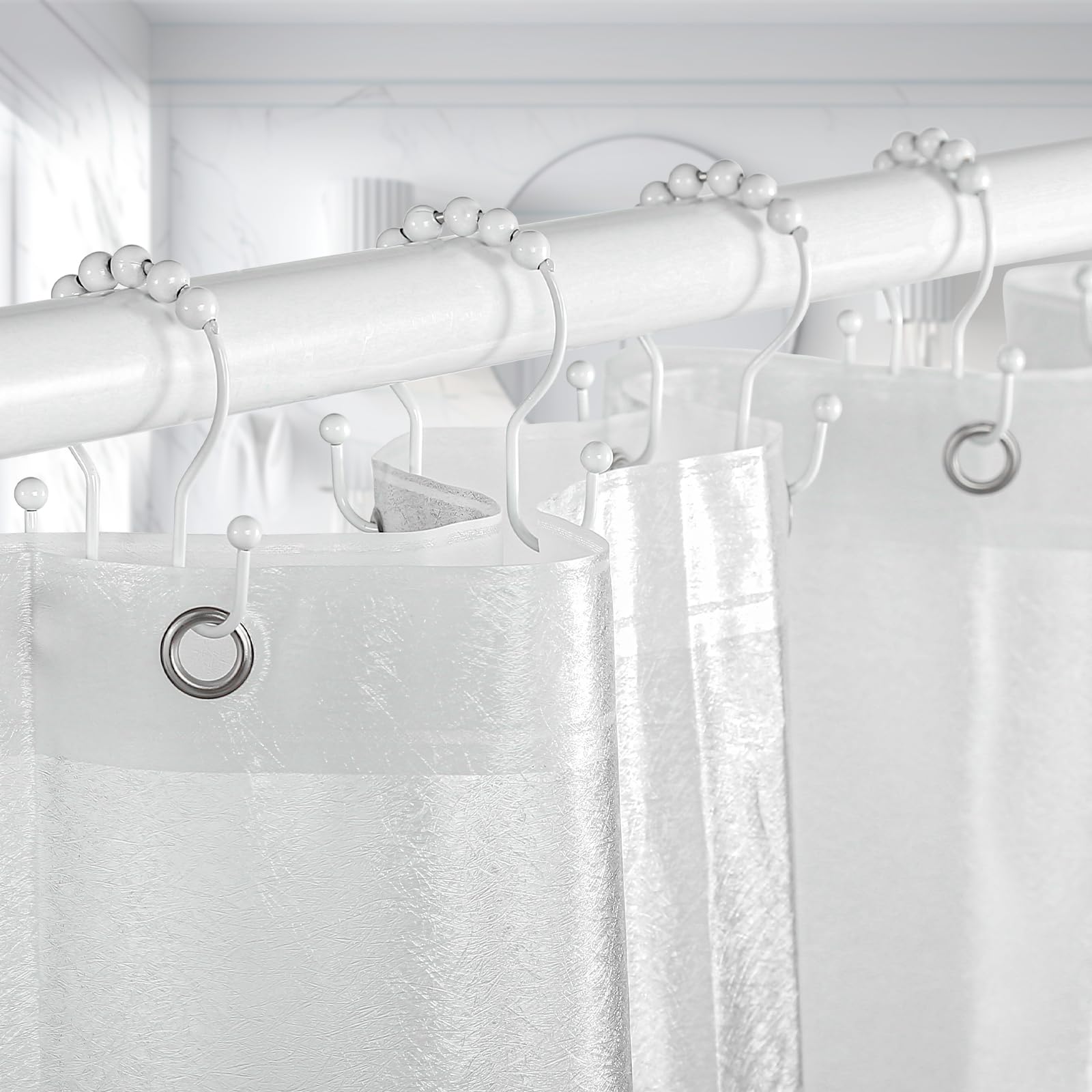 Goowin 12 Pack Stainless Steel Shower Curtain Hooks - Rustproof Smooth Sliding Anti-Drop Double Rings for Bathroom, Hotel & Dorm - Perfect for Standard Curtain Rods (White)