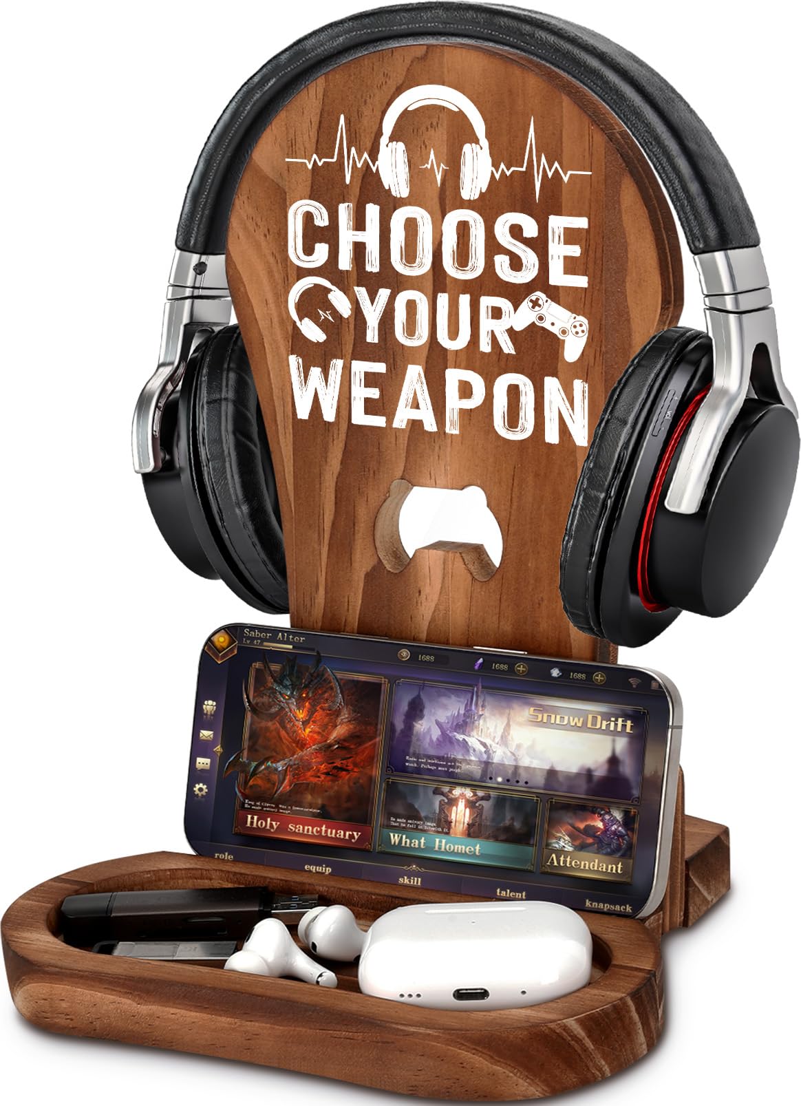 Best Gamer Gifts for Men & Teen Boys - Wooden Headset Stand for Gaming Desk Decor | Perfect Christmas, Birthday Gift for Boyfriend, Husband, Son | Durable Gaming Room Accessory for PC & Console Gamers - Choose Your Weapon Design