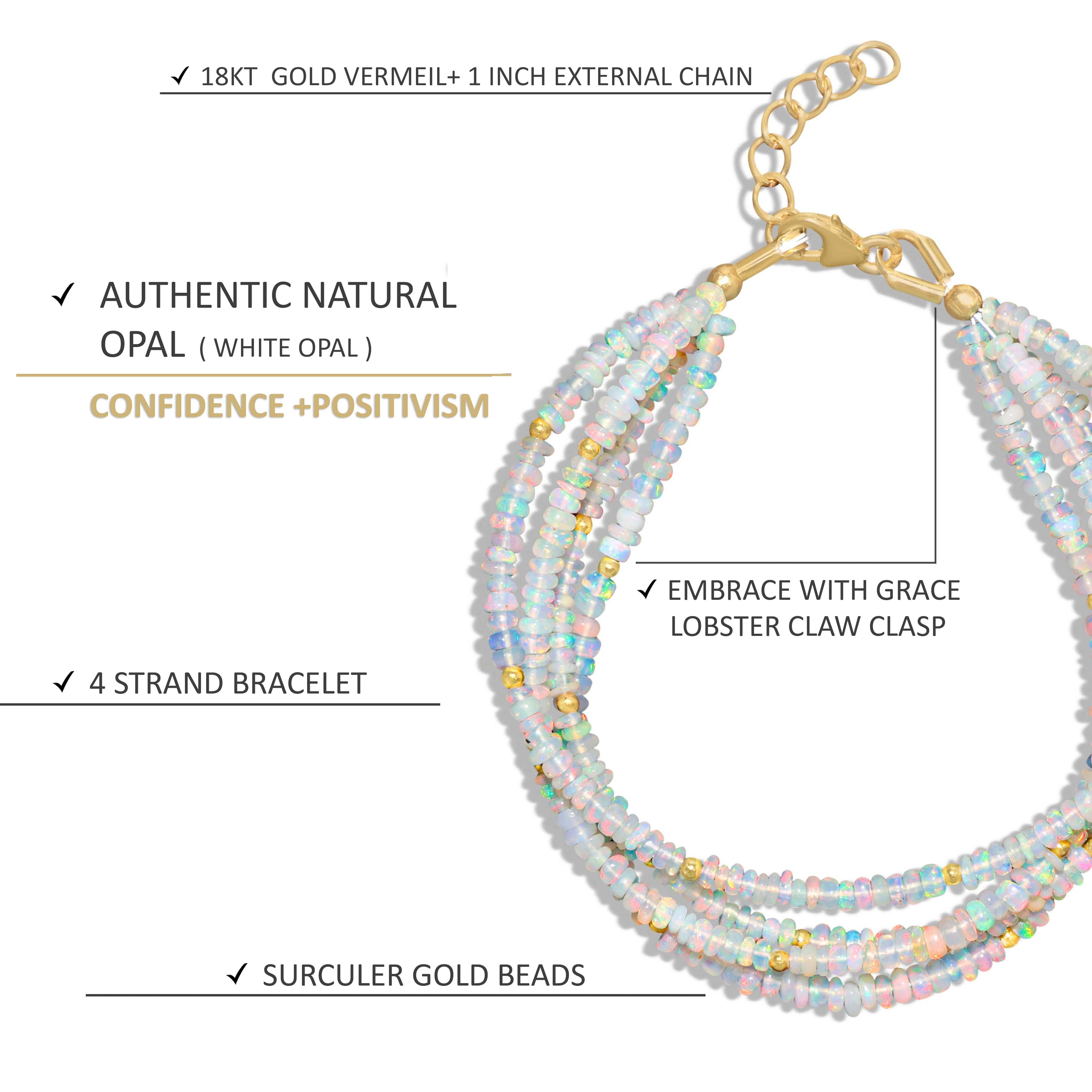 Natural White Opal Beaded Bracelet - 4 Strand Multifire Gemstone Jewelry for Women, Boho Chic Accessories for Parties, Weddings & Everyday Wear