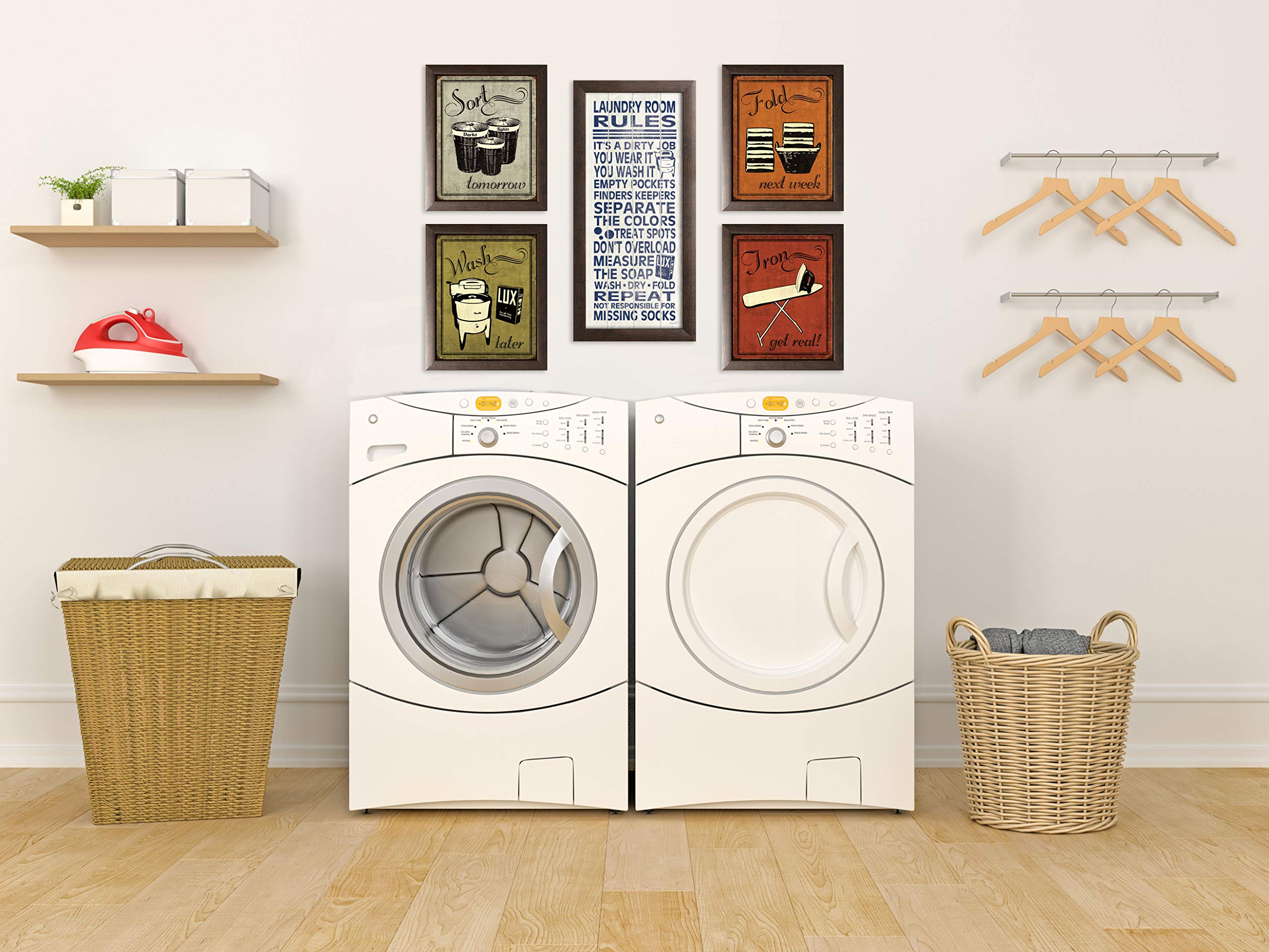 Humorous Laundry Room Rules Sign - Set of 4 (8x10in) & 1 (8x18in) Brown Framed Wall Art Prints - Ready to Hang - Perfect for Laundry Room Decor & Housewarming Gifts