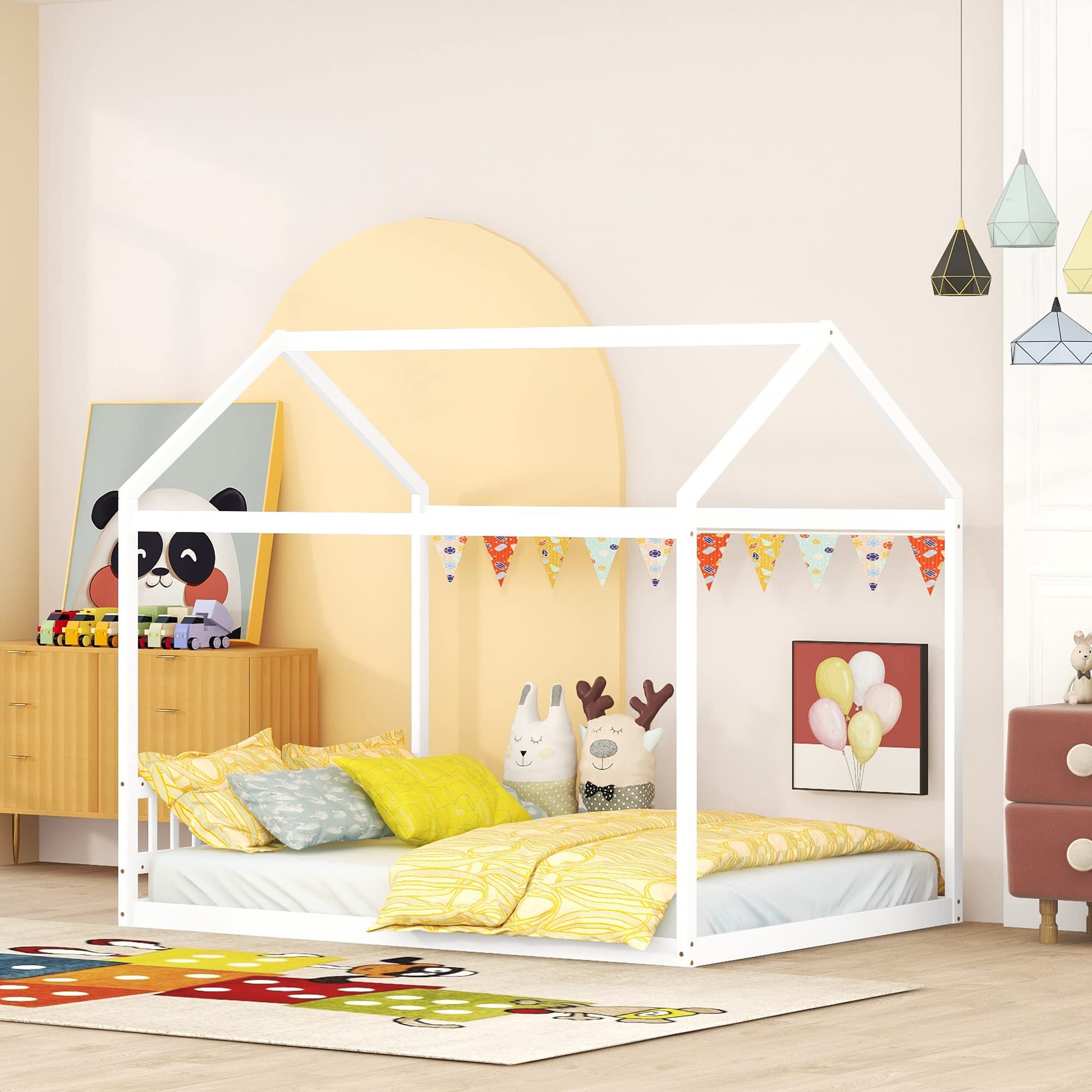 Harper & Bright Designs Queen Size Wooden House Bed Frame with Headboard - Montessori Floor Bed for Kids, Girls & Boys Bedroom Furniture - No Box Spring Needed, White - Perfect for Montessori Bedrooms, Playrooms & Cozy Sleep Spaces