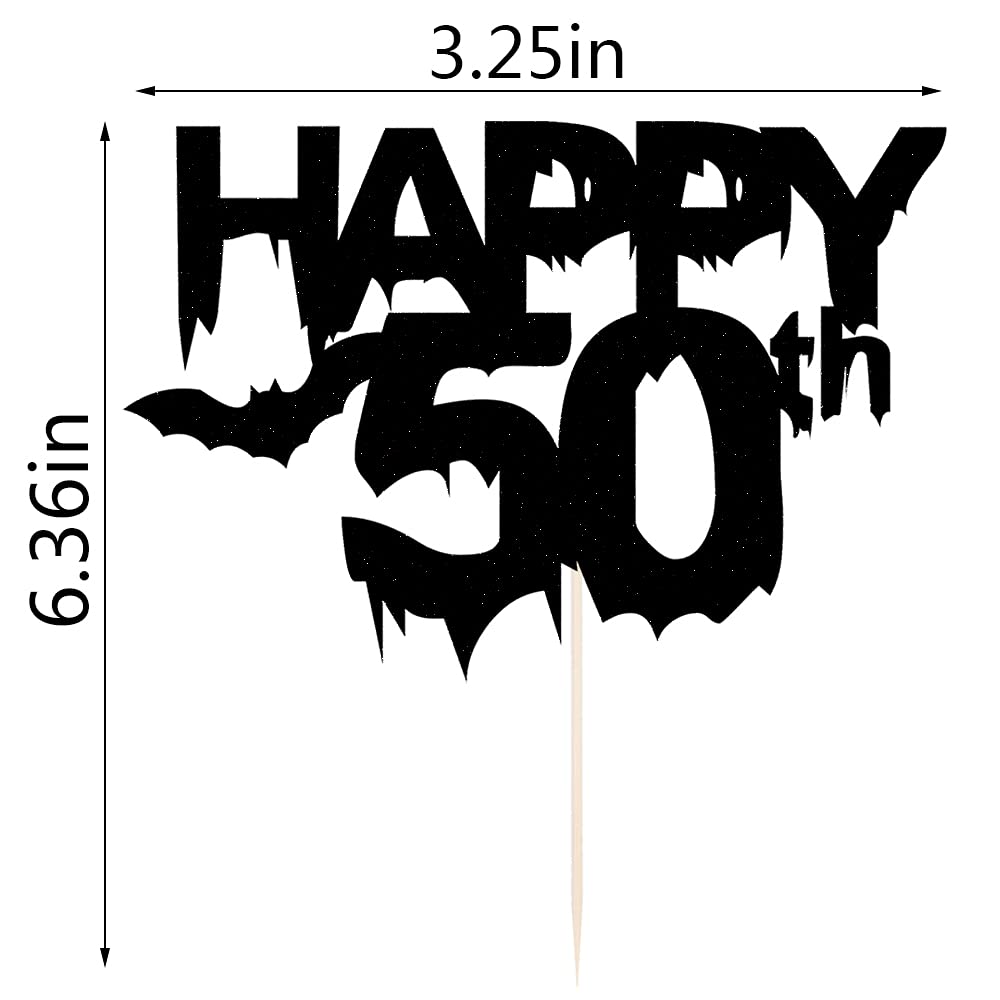 Black Glitter Happy 50th Birthday Cake Topper - Elegant 50th Birthday Cake Decoration for Halloween, Wedding & Anniversary Parties - Perfect for Bat-Themed Celebrations and Special Occasions