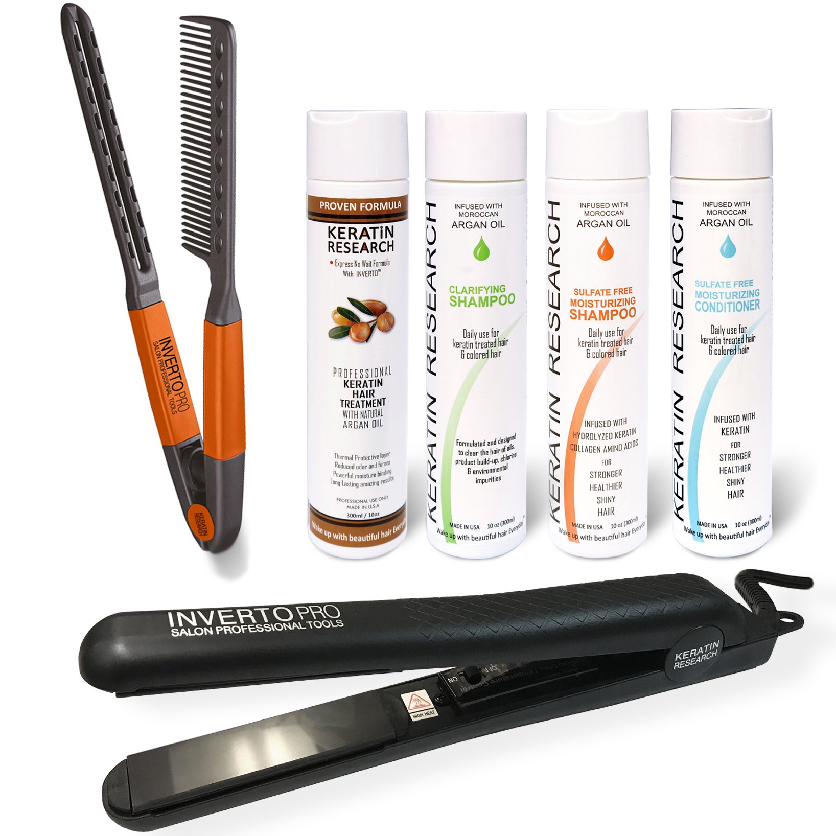 Brazilian Keratin Hair Treatment Kit - 4 x 300ml Bottles with Easy Comb & INVERTO Pro 1