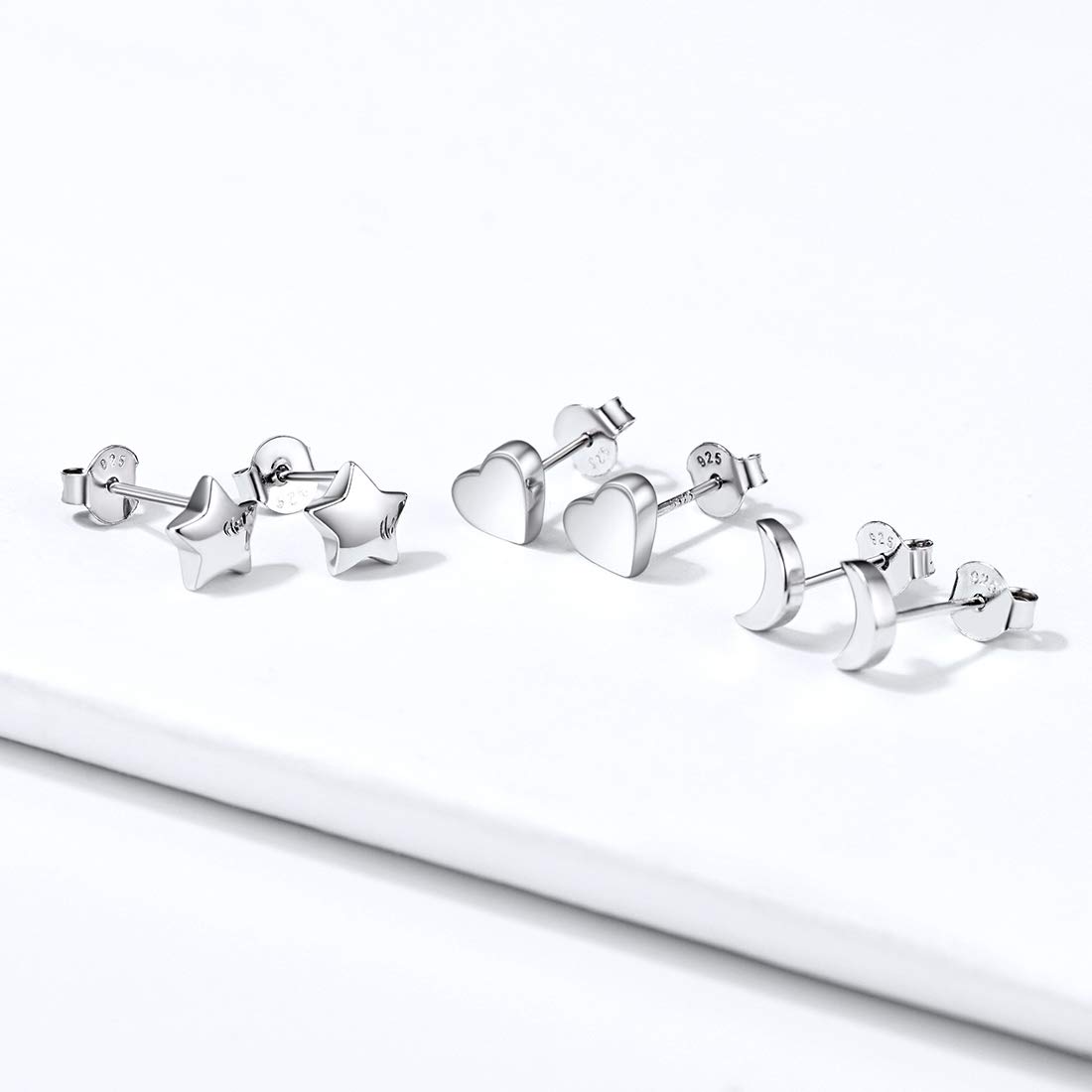 ChicSilver 925 Sterling Silver Stud Earrings for Women - Heart, Moon & Star Dainty Tiny Earring Studs Set | Hypoallergenic Jewelry for Sensitive Ears | Perfect for Everyday Wear, Gift Giving & Special Occasions (3 Pairs)