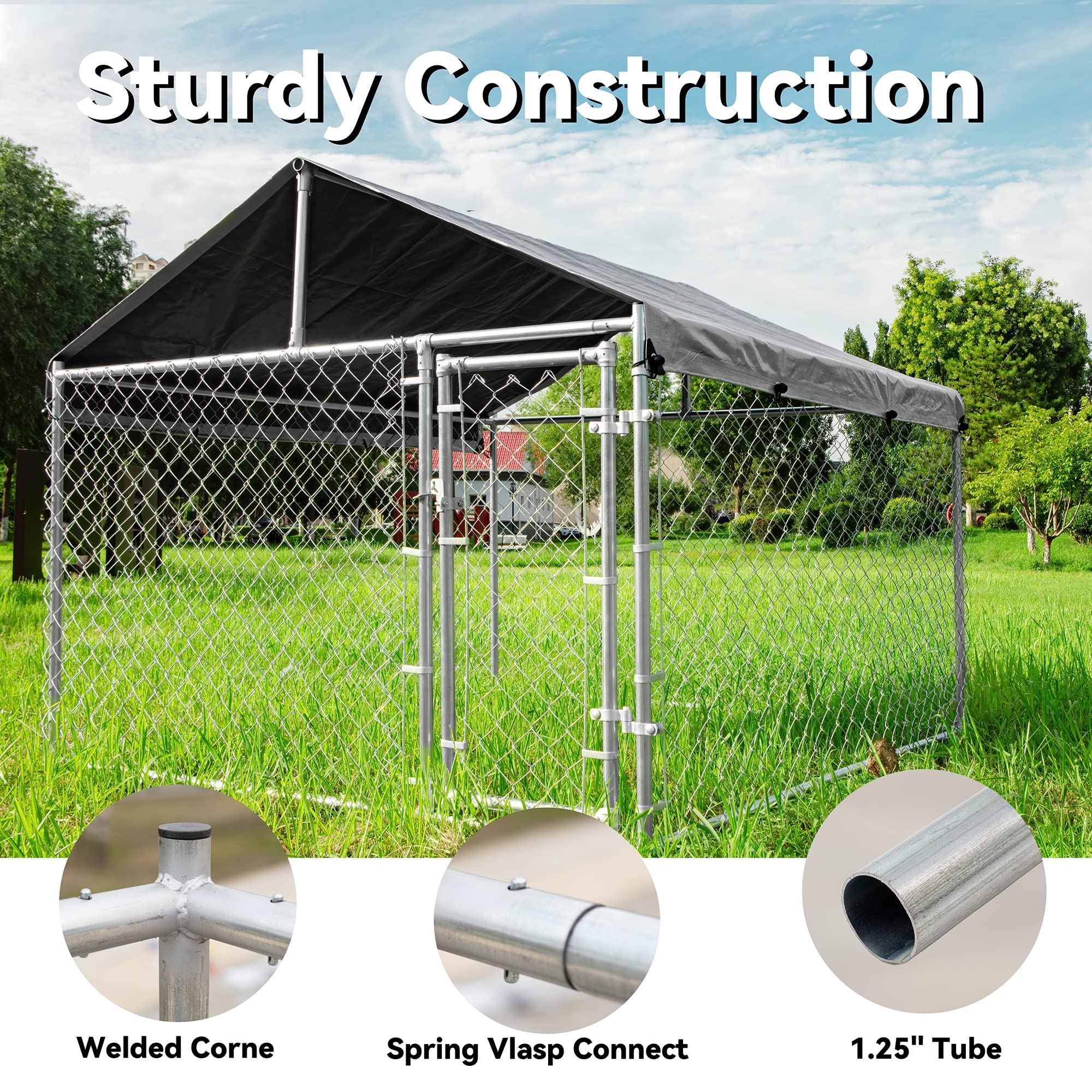 HITTITE Extra Large Outdoor Dog Kennel - Galvanized Steel Rust-Proof Dog Crate with Roof, Waterproof UV-Resistant Cover & Secure Lock - Durable Chain Link Dog Run for Backyard, Garden, or Patio Use