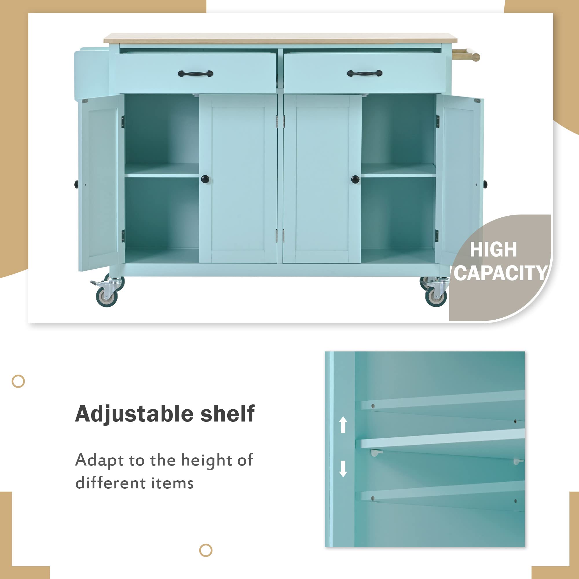 Rolling Kitchen Island Cart with Storage - Mobile Wood Top Kitchen Cart with Cabinet, Drawer, Spice Rack & Towel Rack - Mint Green Moveable Dining Table for Small Spaces, Apartment Cooking & Kitchen Organization