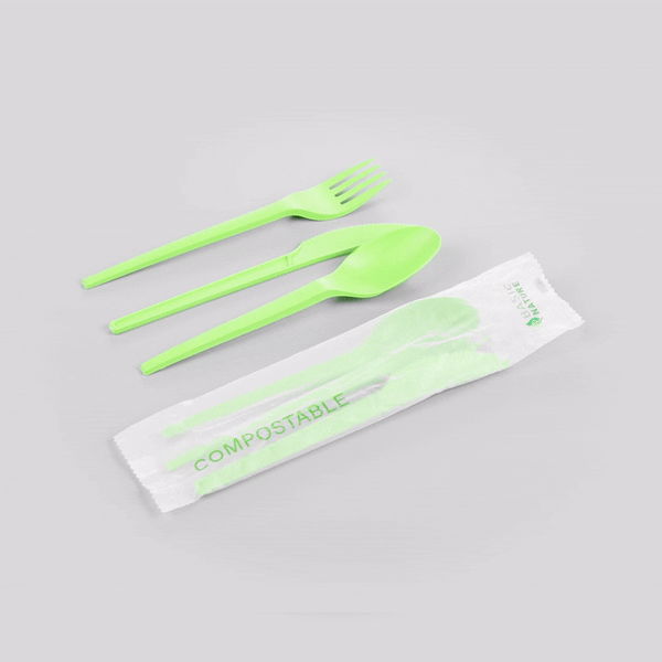 Eco-Friendly Compostable CPLA Plastic Cutlery Set - 100-Piece Heat Resistant Utensils with Biodegradable Wrapper (6.5
