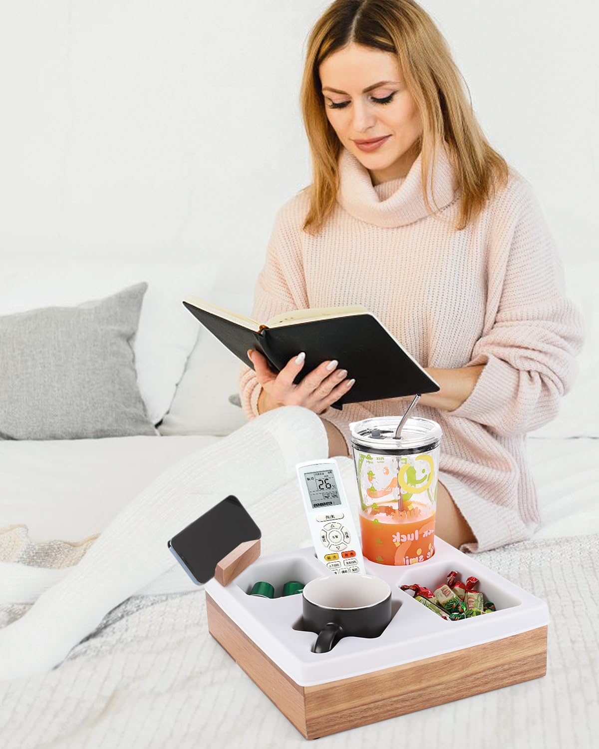 Silicone & Acacia Wood Couch Cup Holder Tray - Snack & Drink Organizer with Waterproof Cup Holder for Sofa, Remotes, and Pillows - Perfect for Movie Nights, Gaming, and Relaxing on the Couch