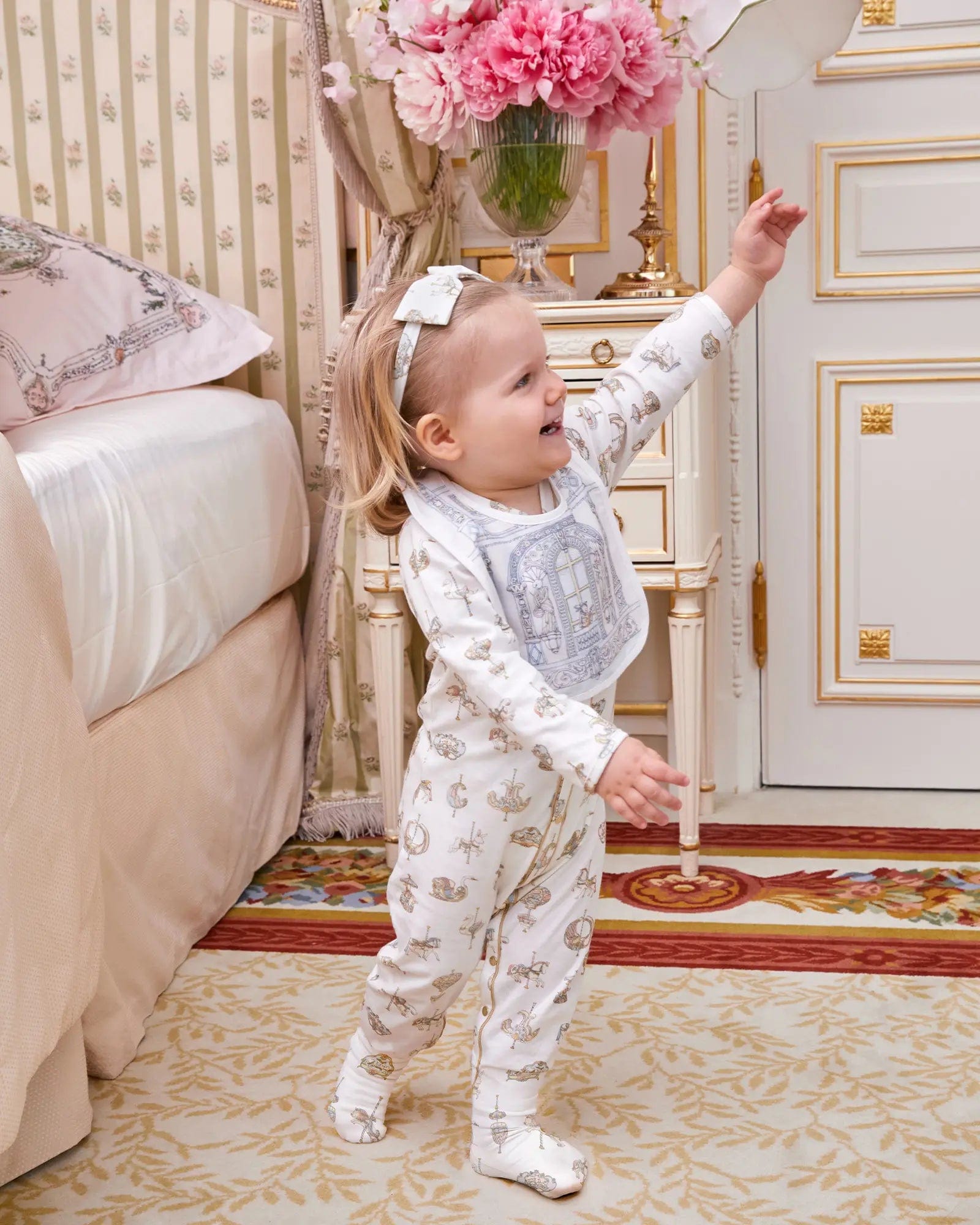 Atelier Choux Baby Carousel Classic White Playsuit | Organic Cotton Romper for Newborns & Infants | Perfect for Photo Shoots, Playdates & Special Occasions