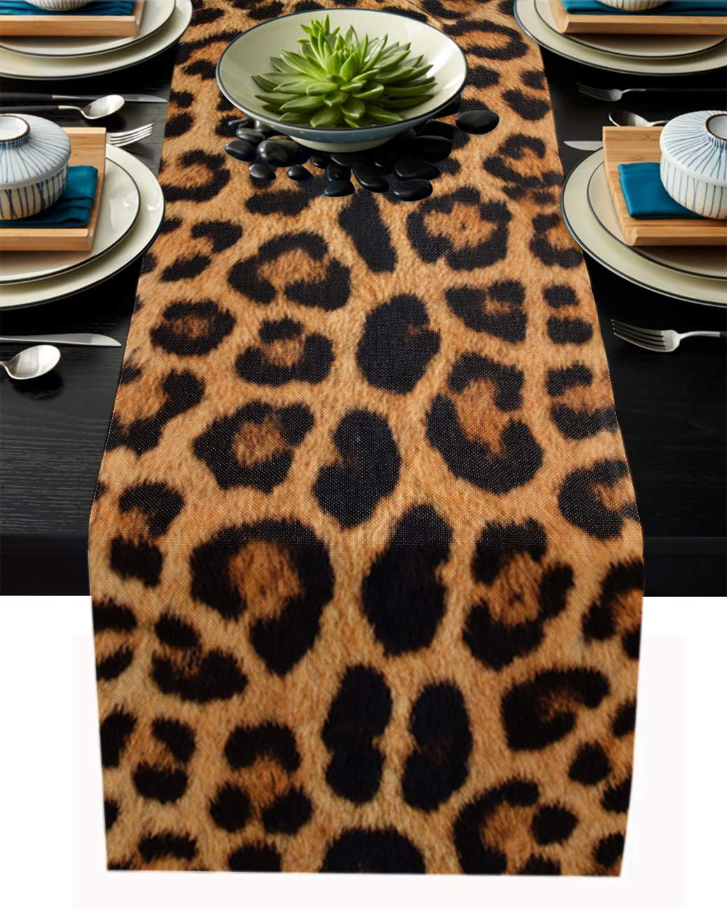 Jaguar Leopard Print Burlap & Cotton Table Runner 13x120 Inch - Elegant Dining Table Decor for Parties, Holiday Banquets & Kitchen Decor | Perfect for Thanksgiving, Christmas & Wedding Events