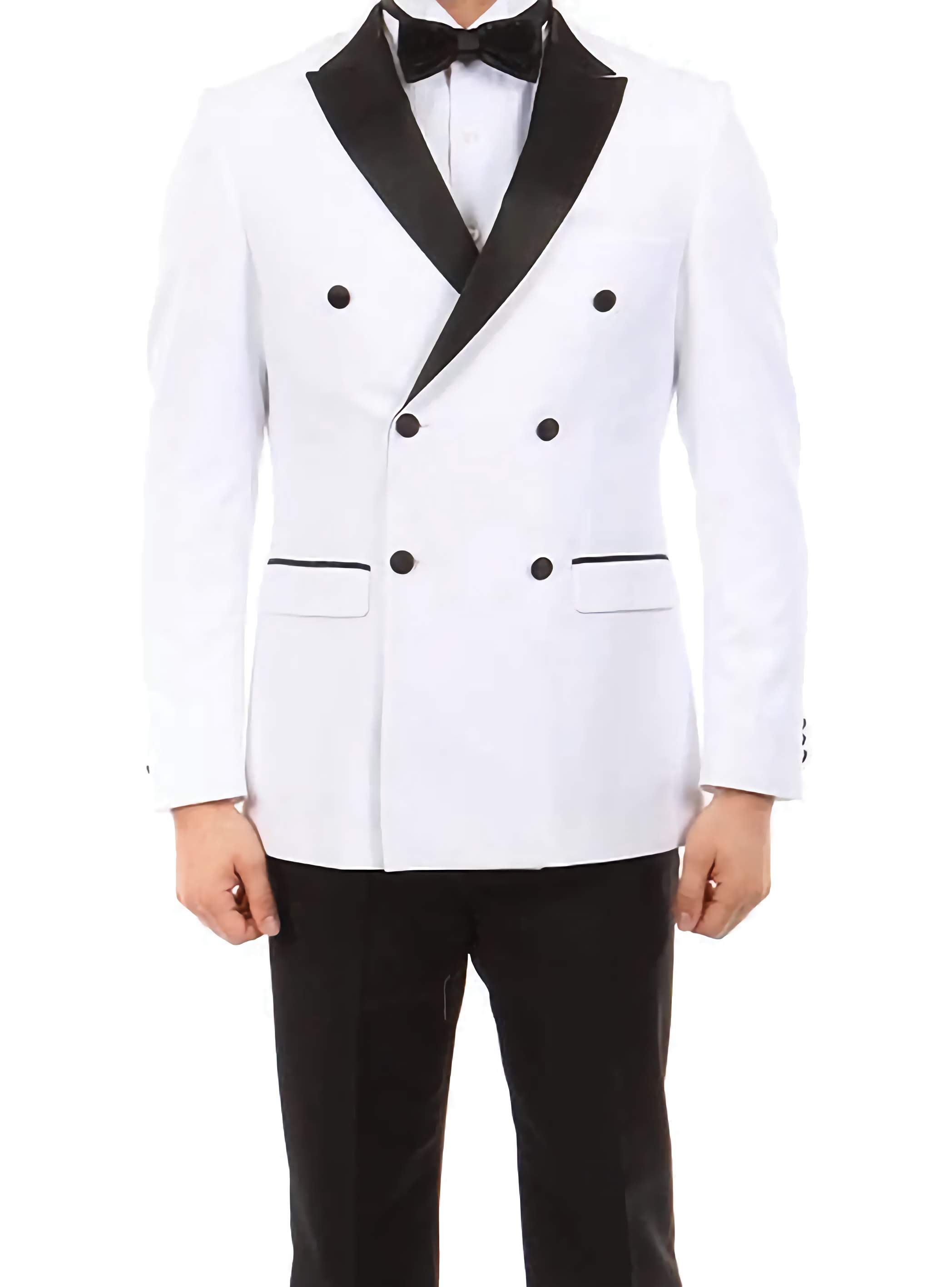 Double Breasted Slim Fit White Tuxedo with Black Satin Peak Lapel - Perfect for Weddings, Prom & Formal Events