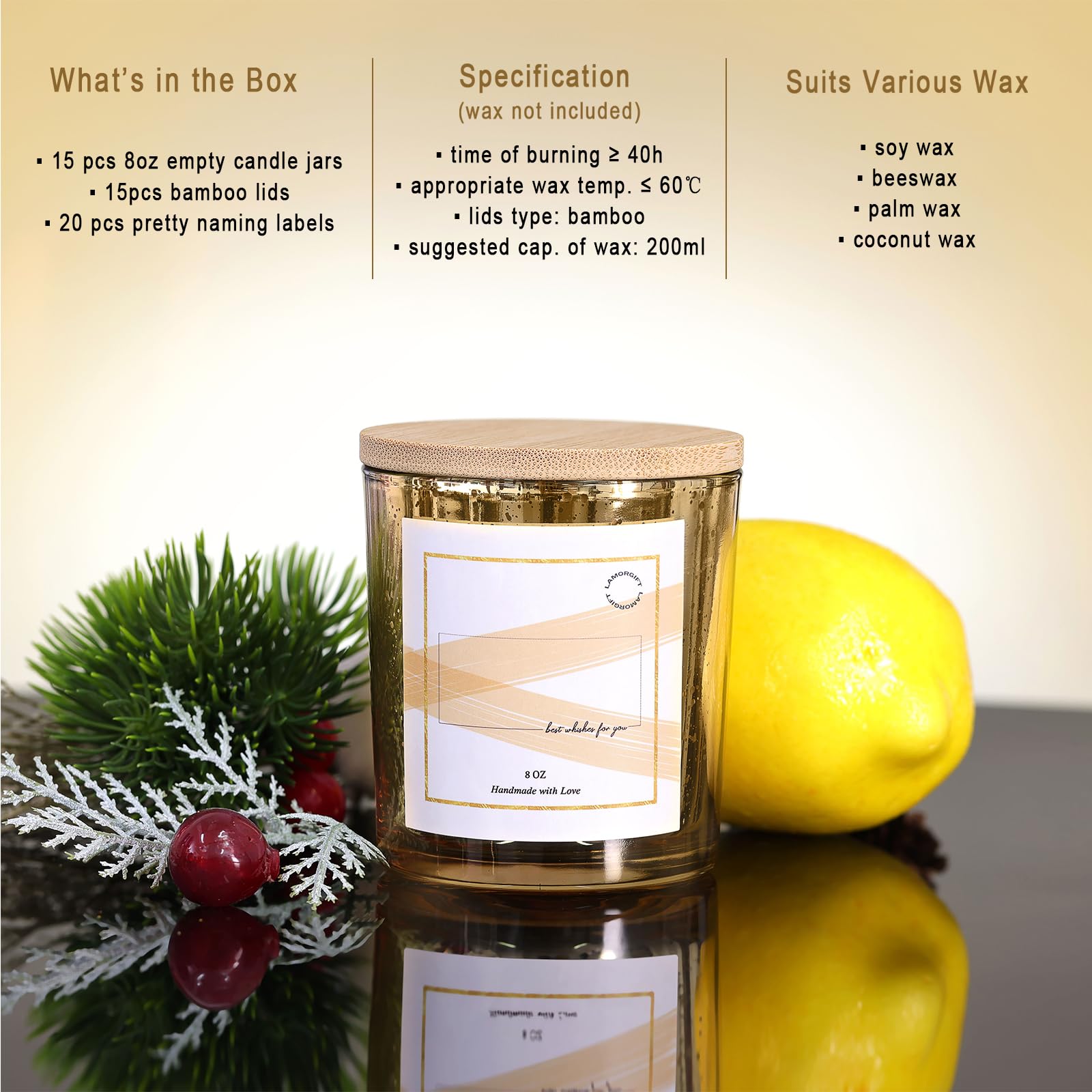 LAMORGIFT 15 Pack 8oz Gold Glass Candle Jars with Lids - Empty Mercury Glass Containers for DIY Candle Making - Includes 20 Candle Labels - Perfect for Home Decor, Wedding Favors & Gift Packaging