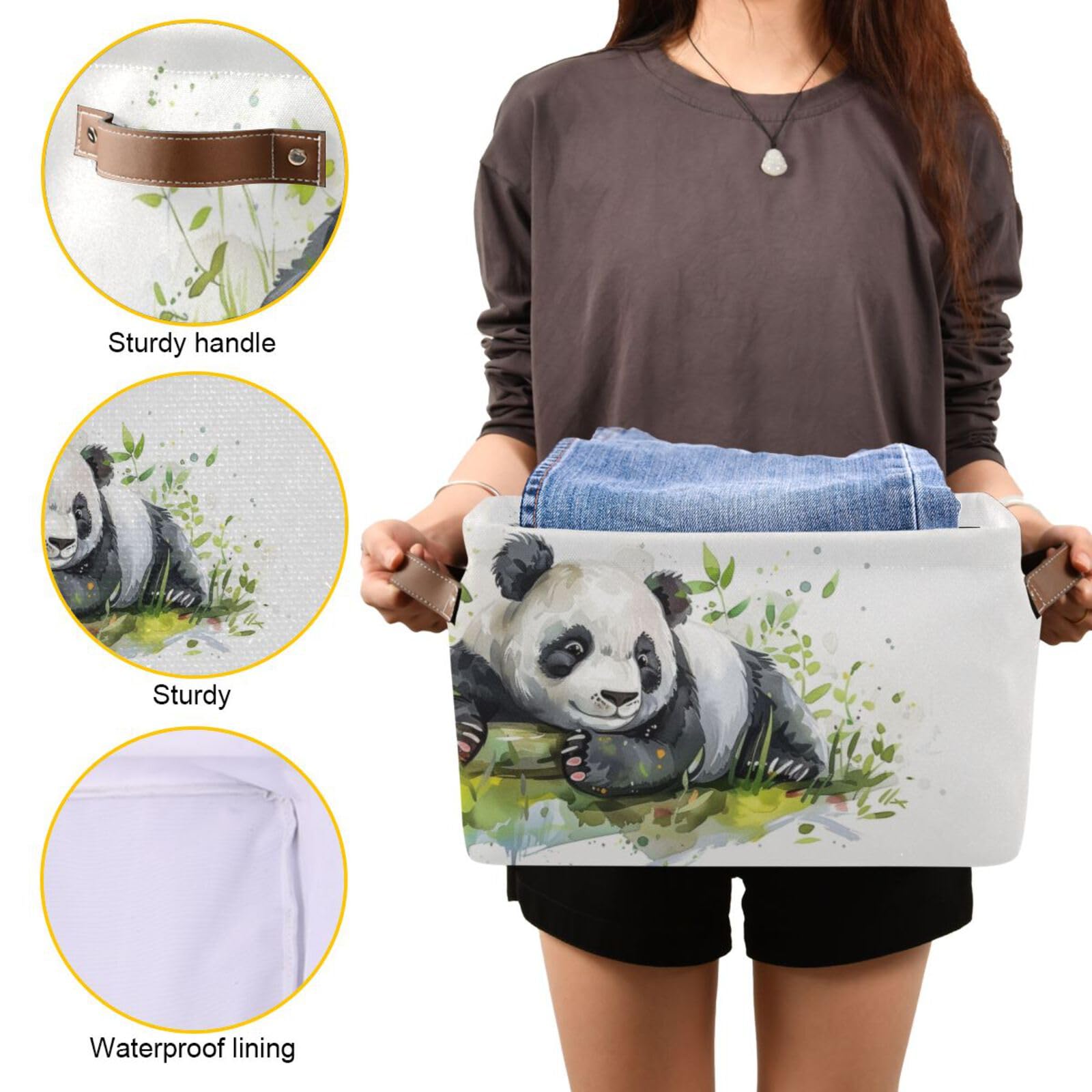 Large Fabric Storage Bins with Handles - Panda Collapsible Baskets for Clothes, Toys & Home Organization