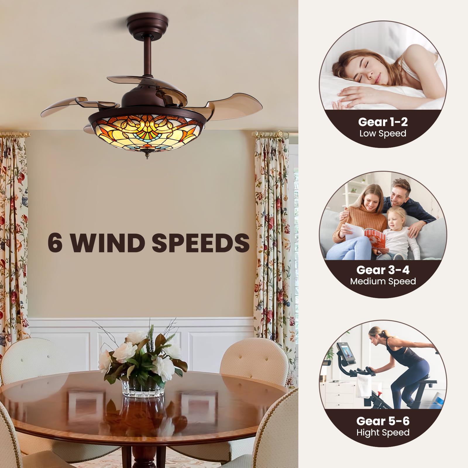 Moooni 36 Inch Mediterranean Style Ceiling Fan with Light Kit & Remote Control - Tiffany Style Fandelier with Retractable Blades - Dimmable LED Indoor Ceiling Fan in Brown - Perfect for Living Room, Bedroom, and Dining Room
