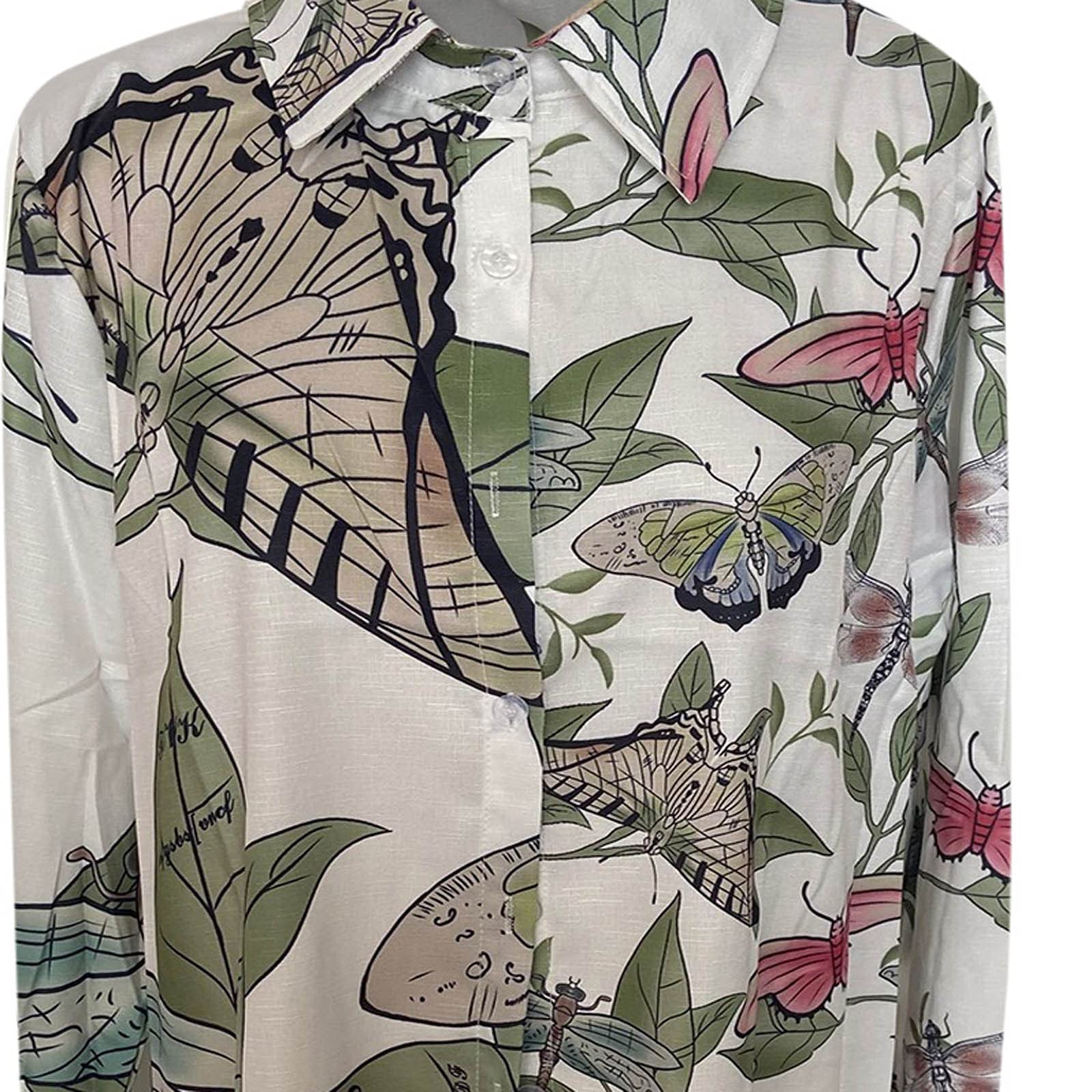 Women's Lapel V-Neck Mushroom Print Shirts - Summer Cotton Linen Long Sleeve Button Down Blouses for Casual Work & Outdoor Activities