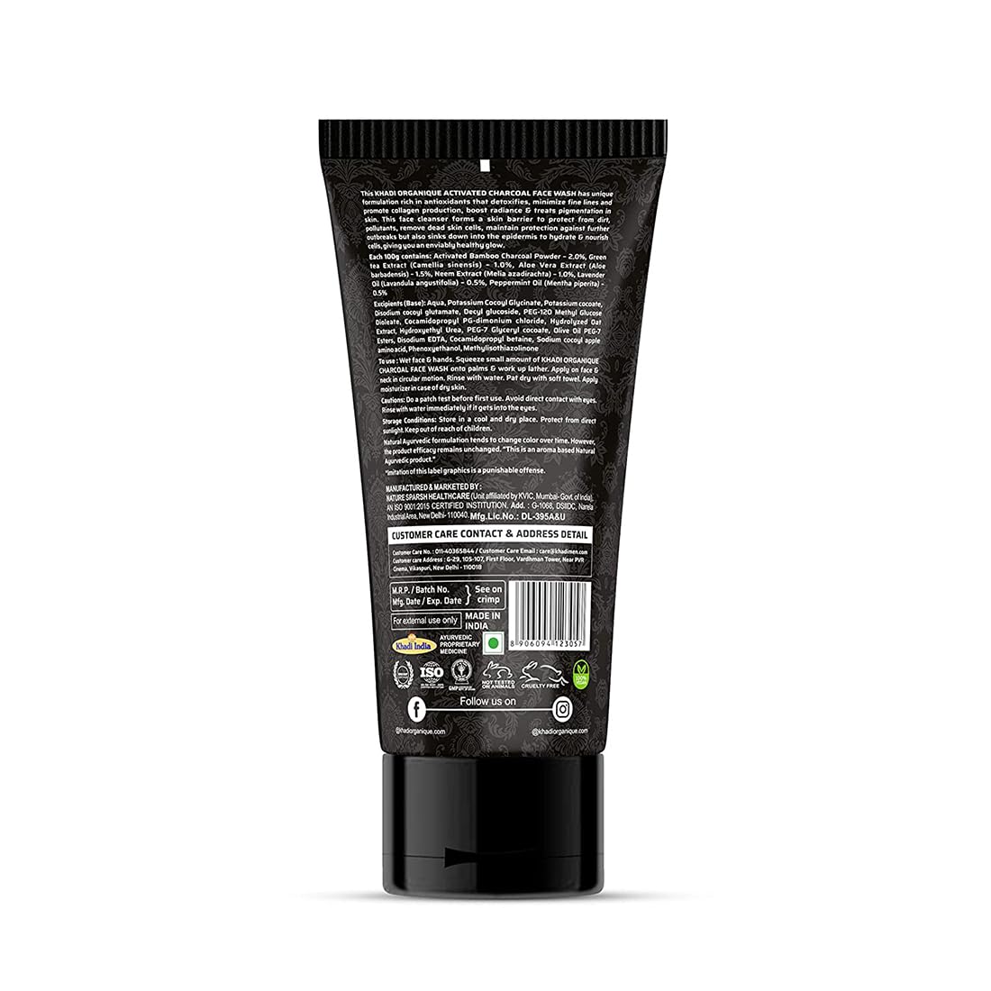 Khadi Organique Charcoal Face Wash 100gm - Deep Cleansing & Detoxifying for Oily & Acne-Prone Skin - Perfect for Daily Skincare Routine & Blackhead Removal