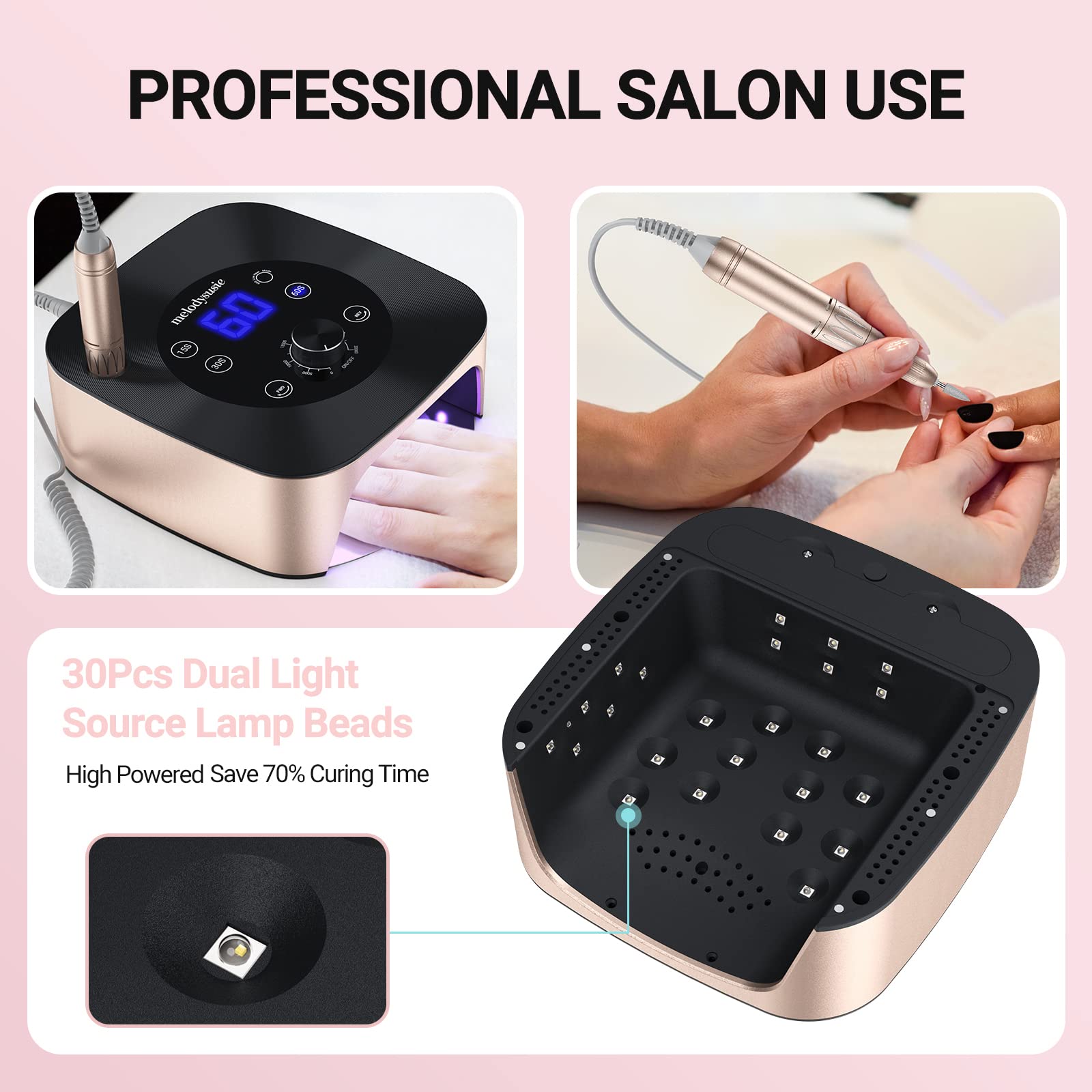MelodySusie XC320C Professional 2-in-1 Nail Drill & UV Lamp - 30,000 RPM Electric Nail File with 4 Timer Settings for Acrylic, Gel & Poly Nail Removal & Curing - Perfect for Salon & Home Manicure/Pedicure Care